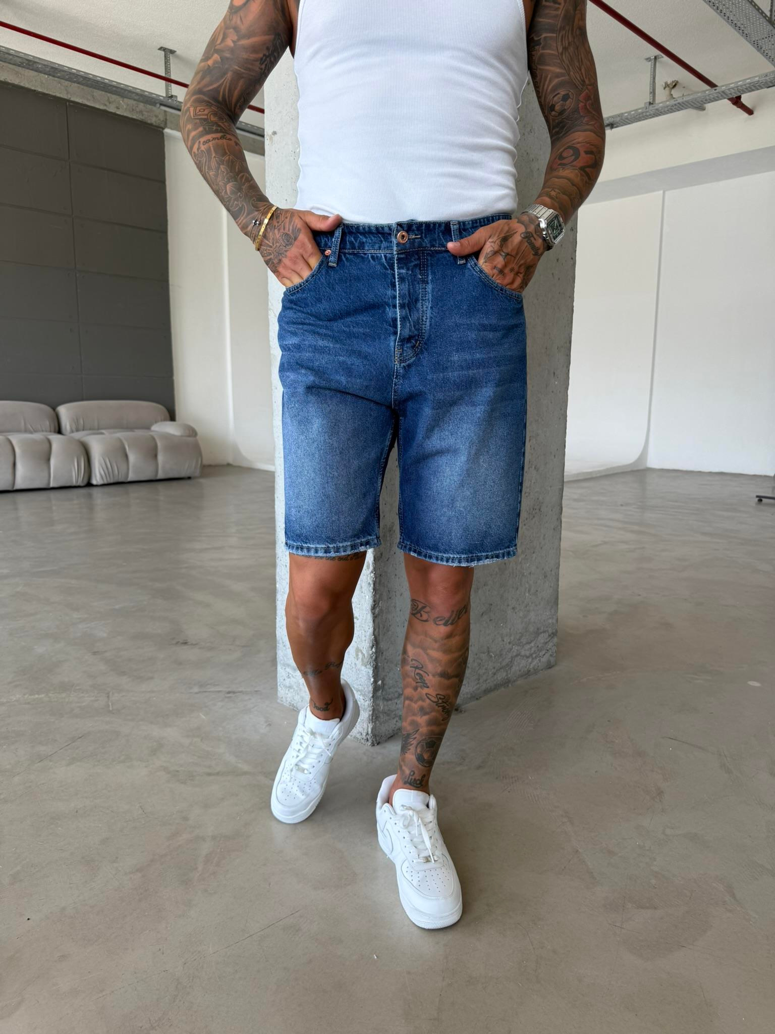 Lacivert Yıkamalı Denim Şort - Lacivert