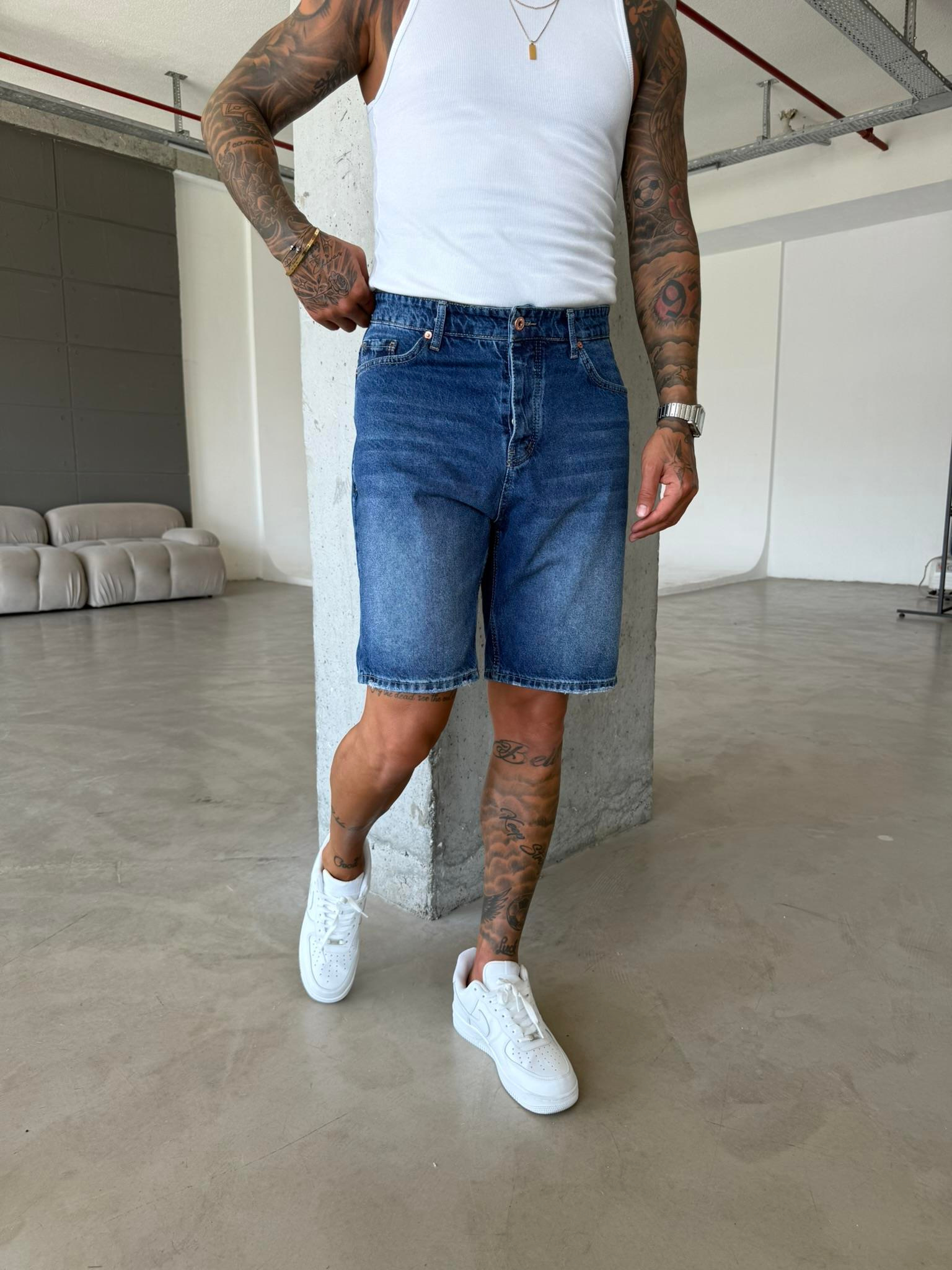 Lacivert Yıkamalı Denim Şort - Lacivert