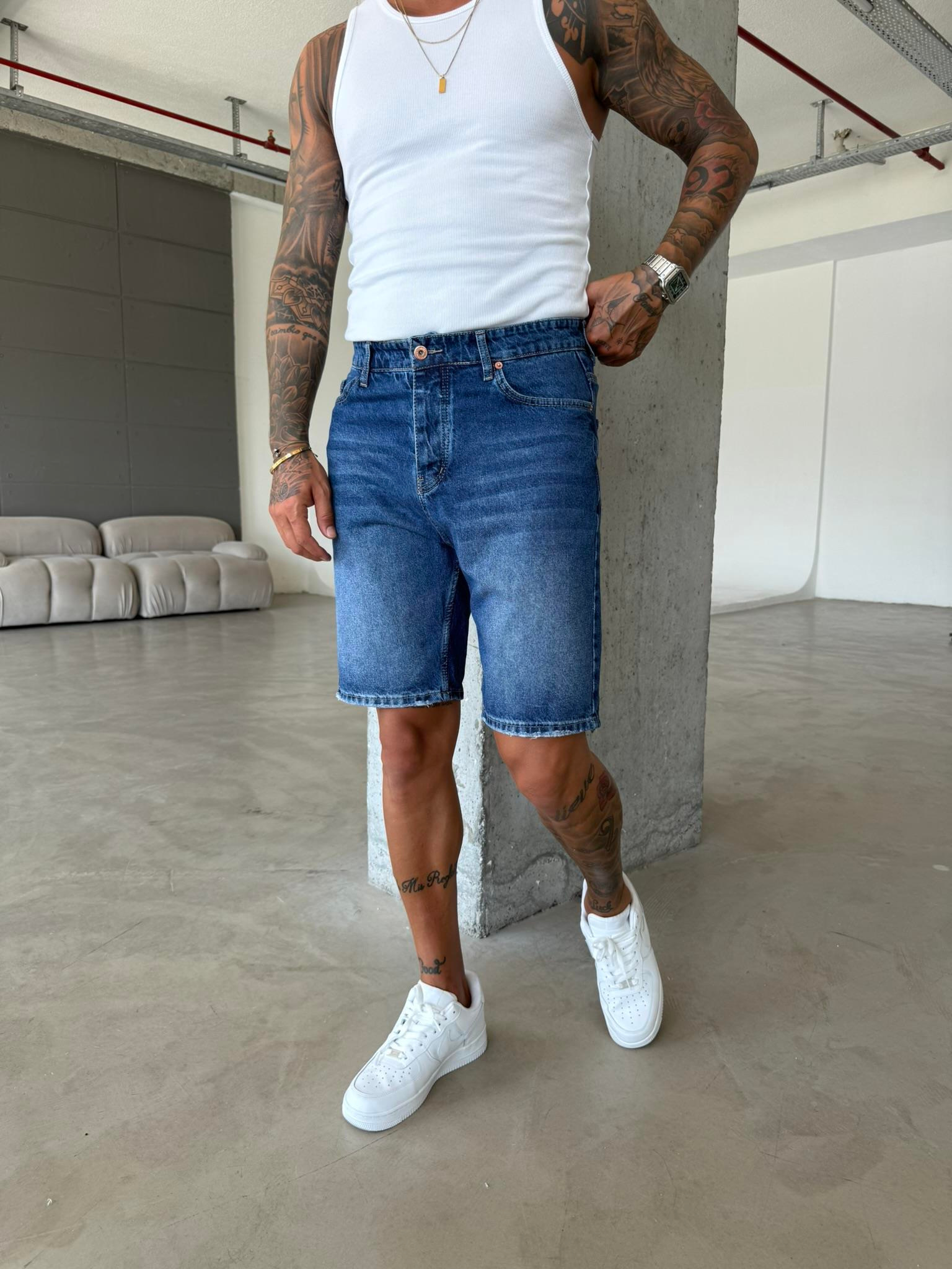 Lacivert Yıkamalı Denim Şort - Lacivert