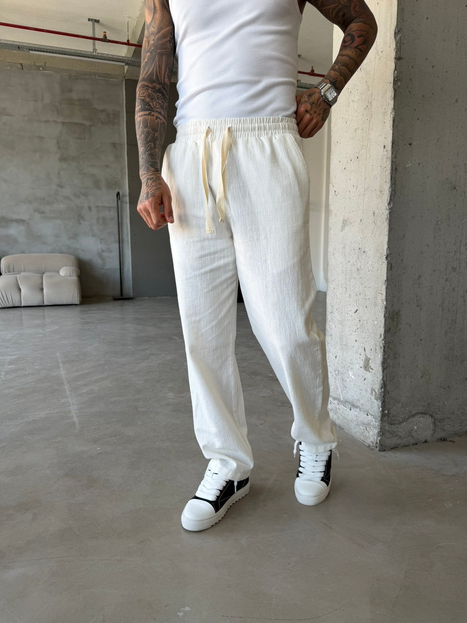 Linen Basic Baggy Pantolon - Beyaz