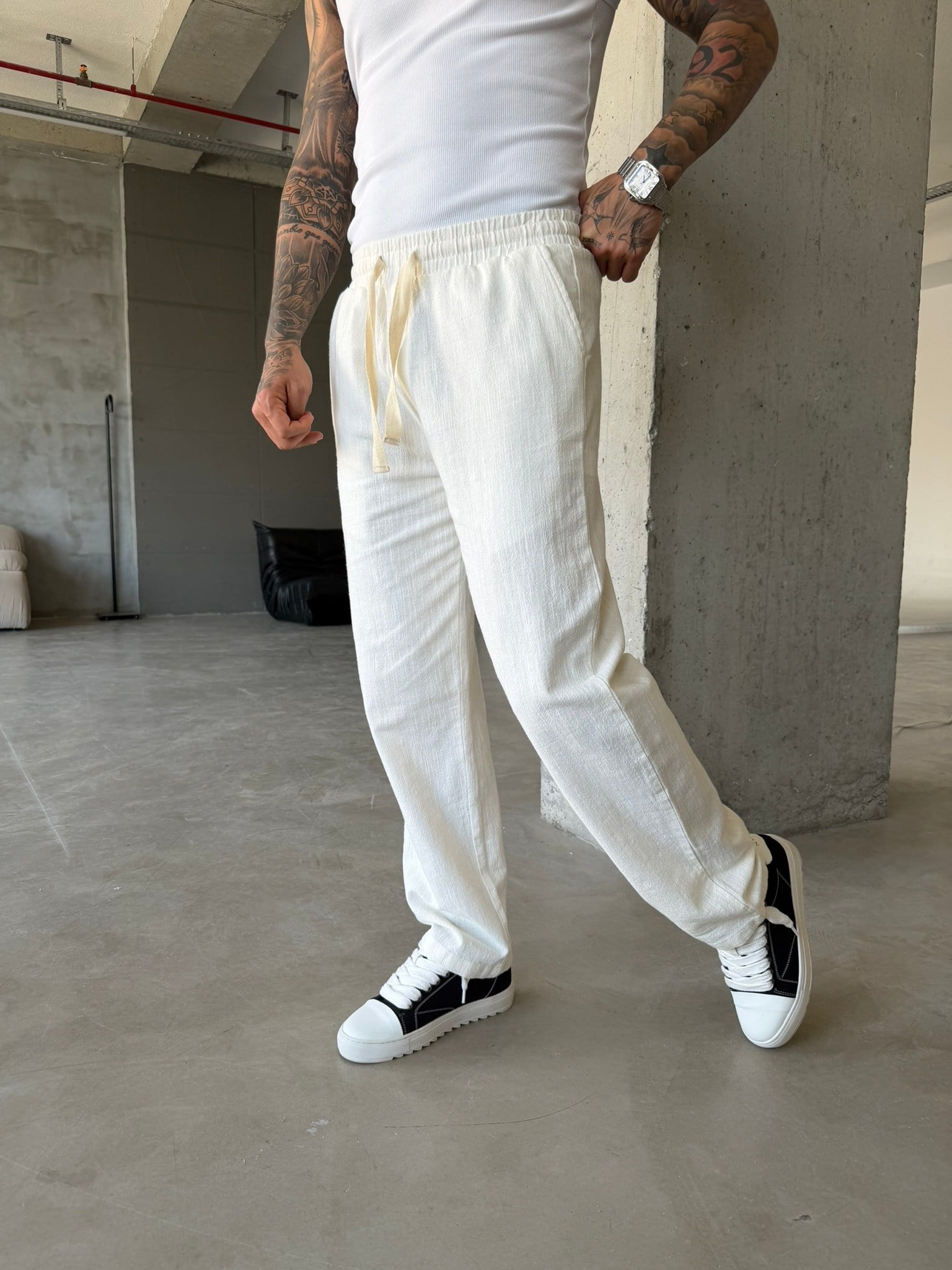 Linen Basic Baggy Pantolon - Beyaz