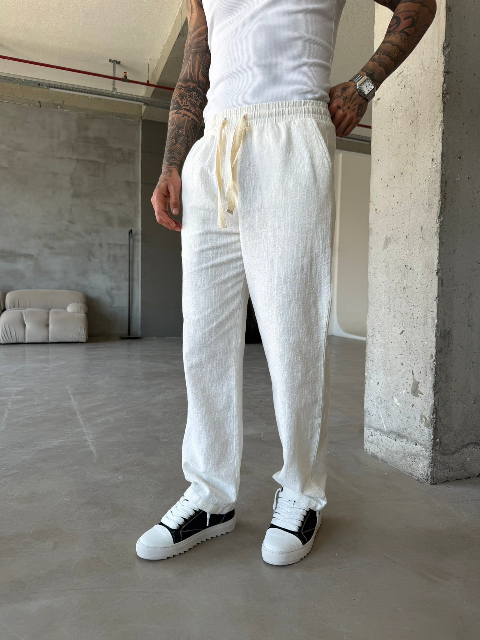 Linen Basic Baggy Pantolon - Beyaz