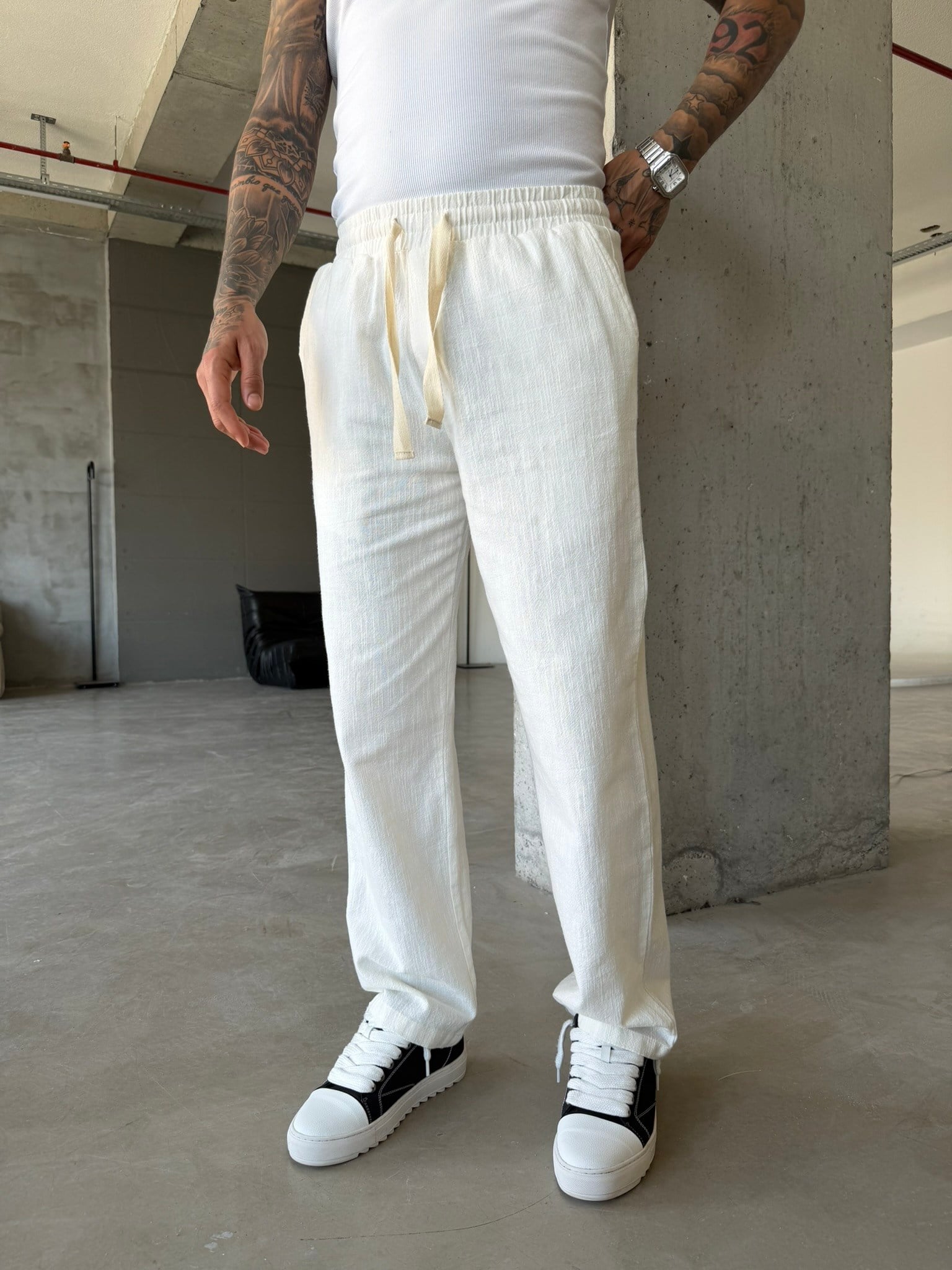Linen Basic Baggy Pantolon - Beyaz