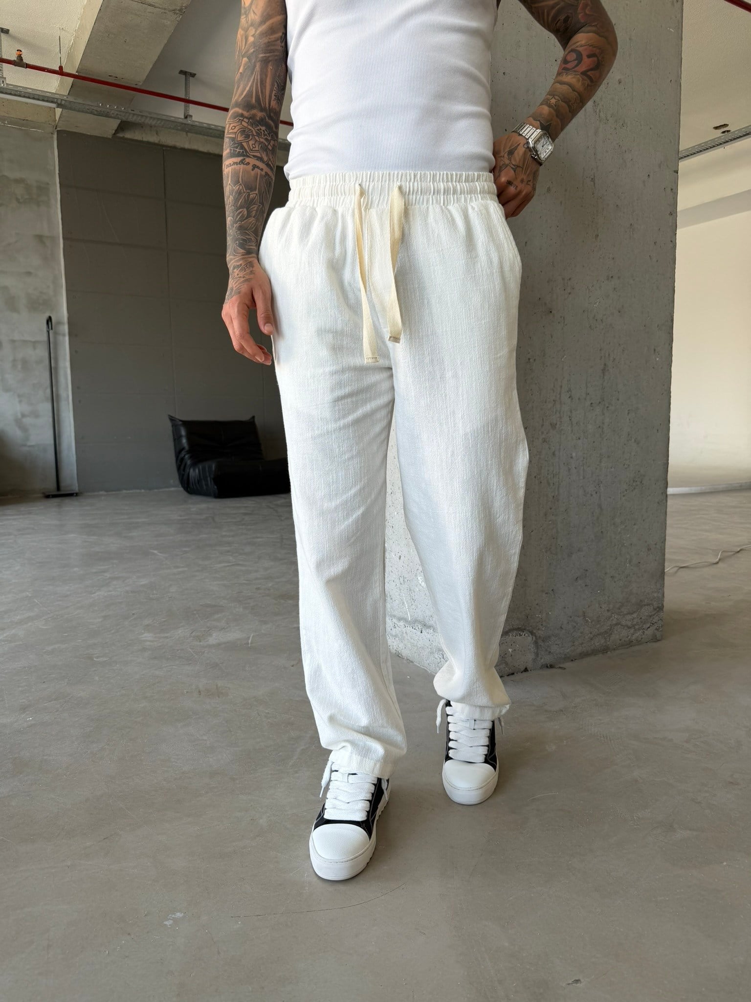 Linen Basic Baggy Pantolon - Beyaz