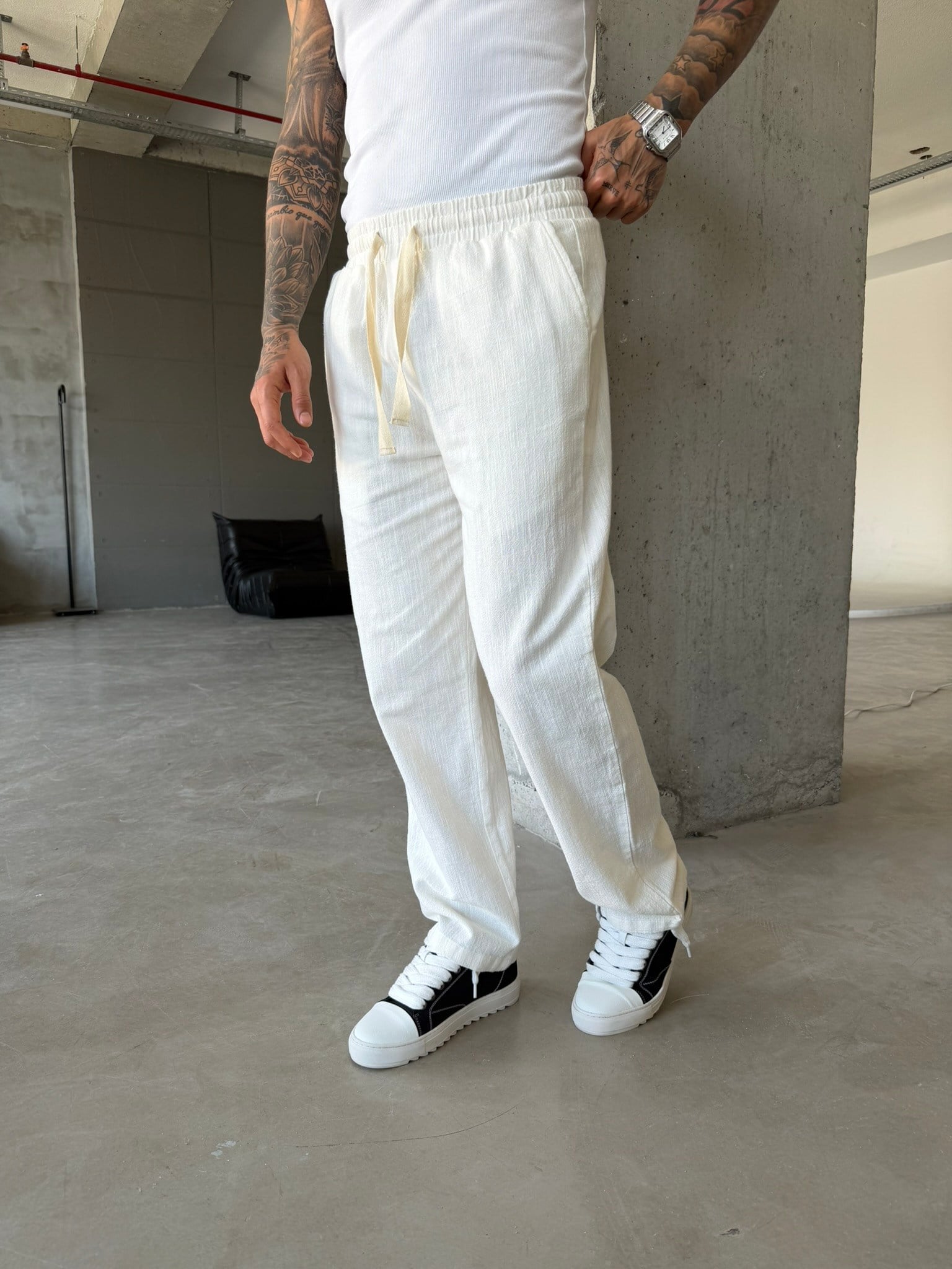 Linen Basic Baggy Pantolon - Beyaz