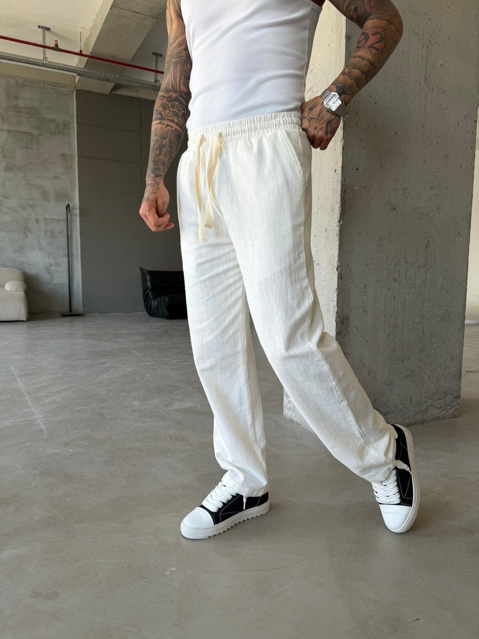 Linen Basic Baggy Pantolon - Beyaz