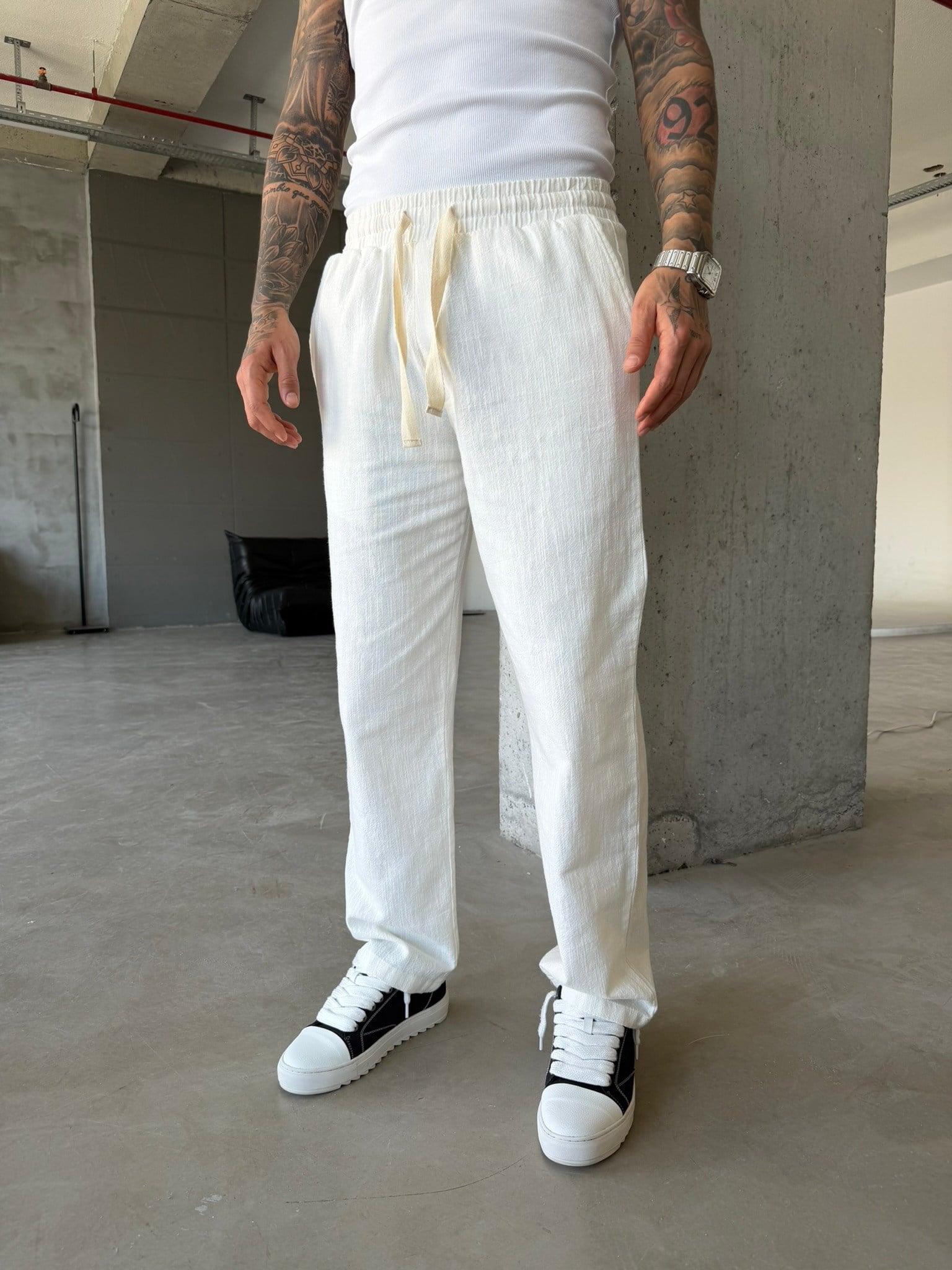 Linen Basic Baggy Pantolon - Beyaz