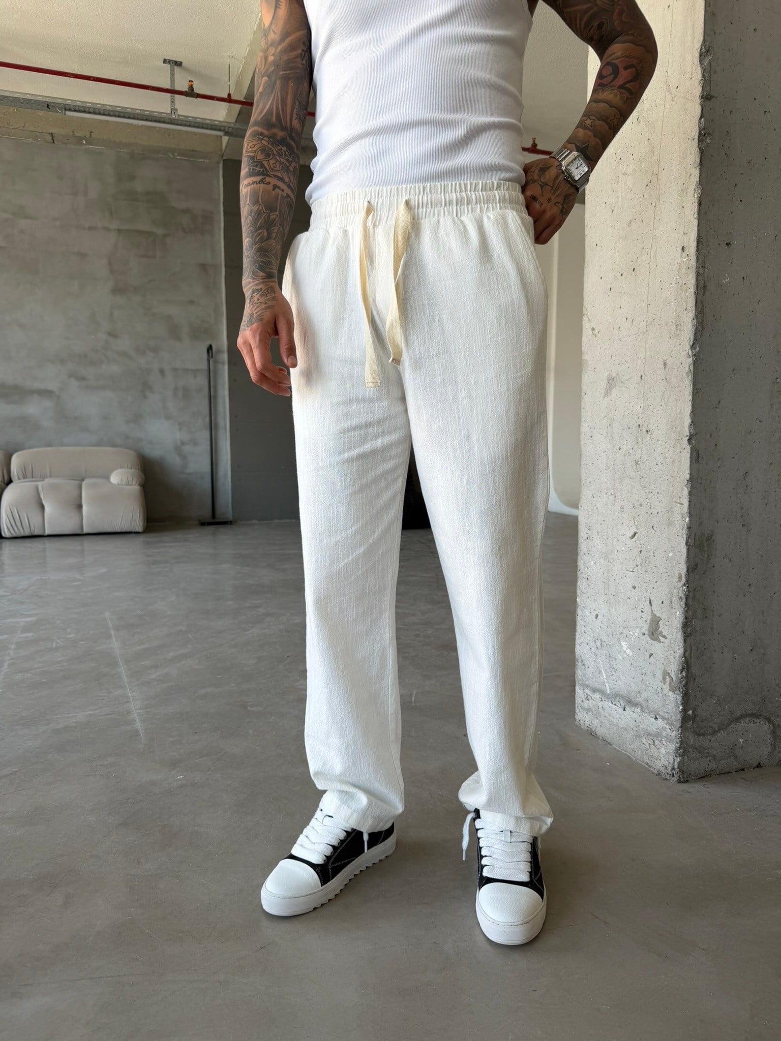 Linen Basic Baggy Pantolon - Beyaz