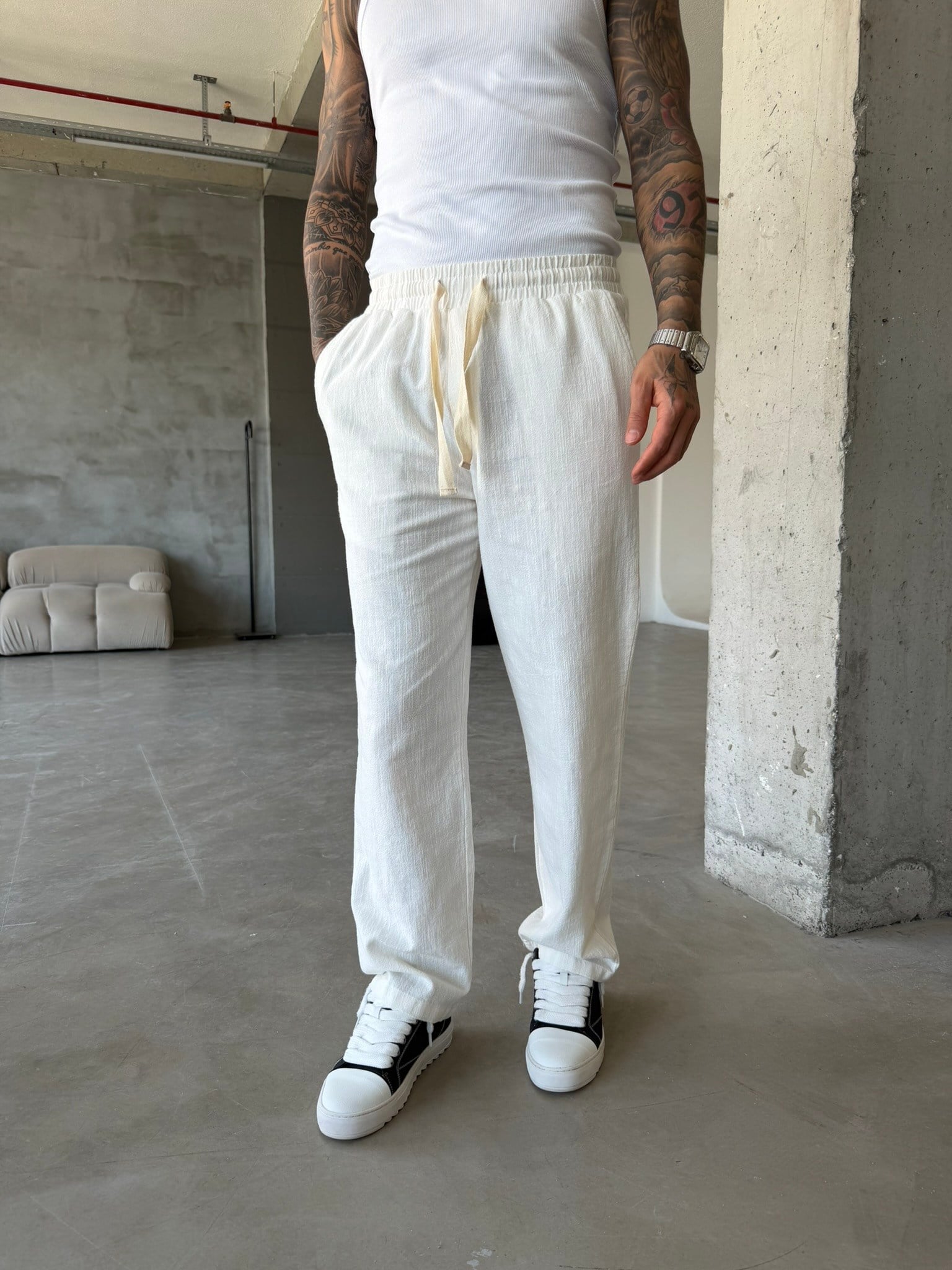 Linen Basic Baggy Pantolon - Beyaz