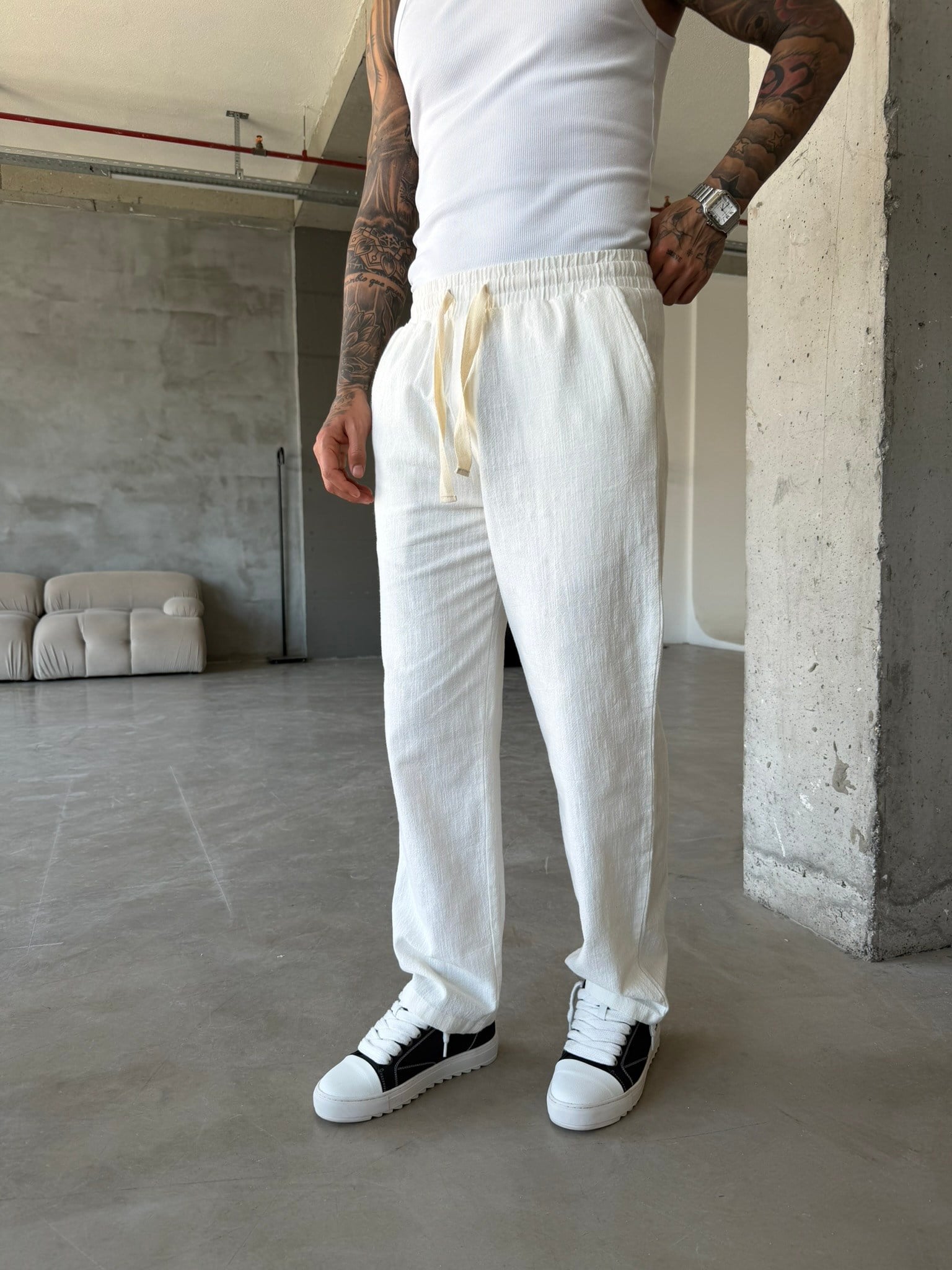 Linen Basic Baggy Pantolon - Beyaz