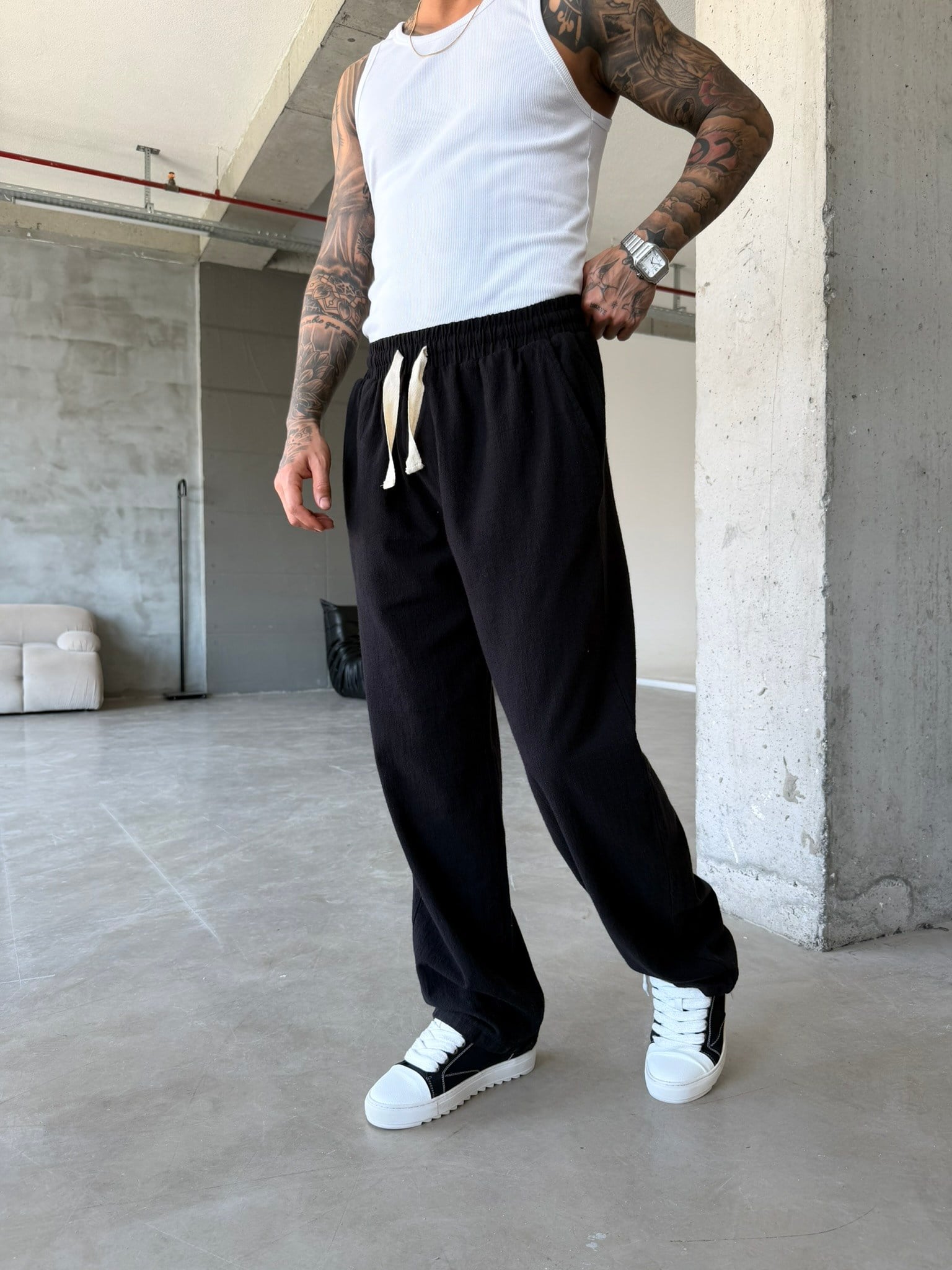 Linen Basic Baggy Pantolon - Siyah