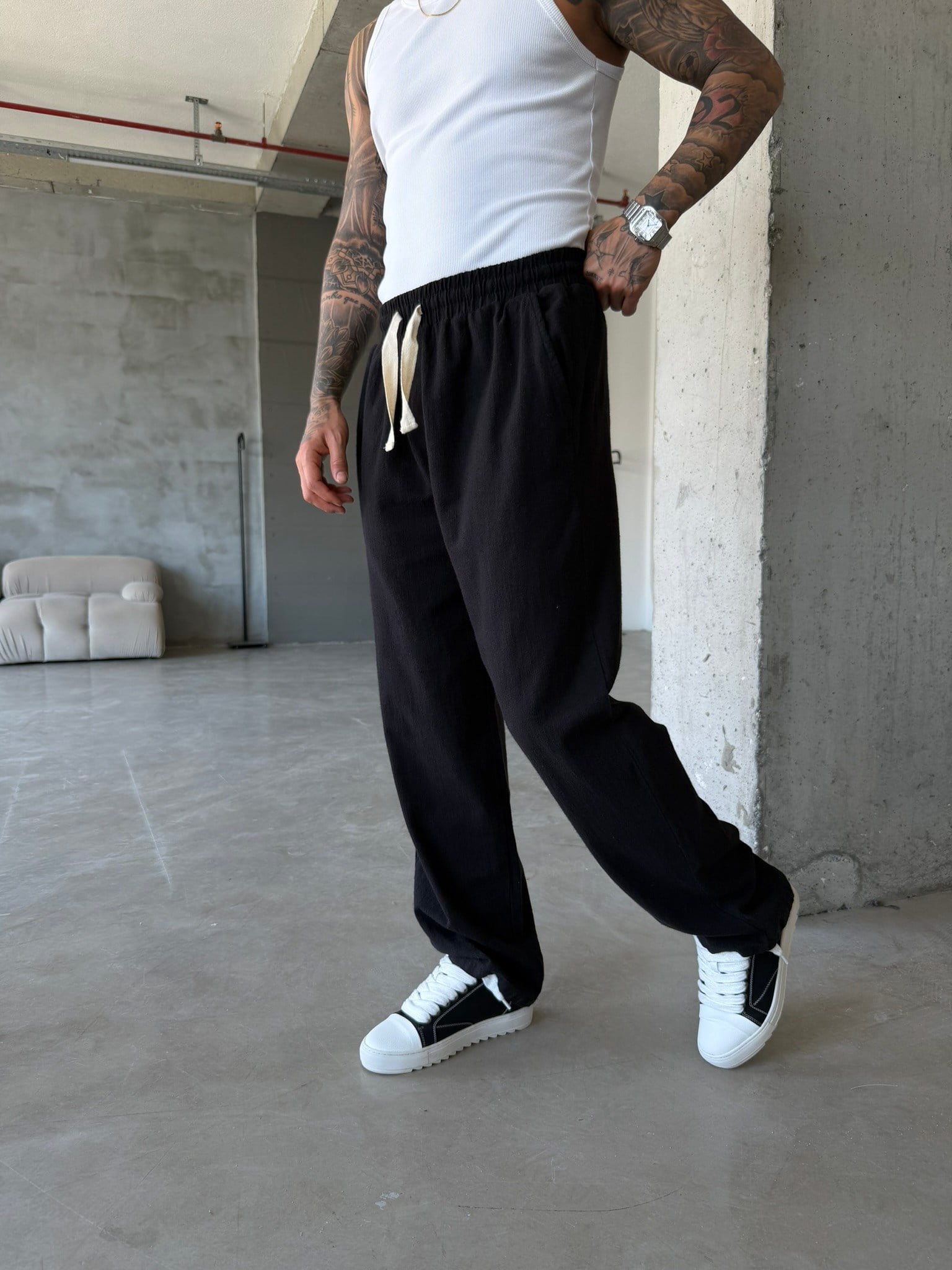 Linen Basic Baggy Pantolon - Siyah