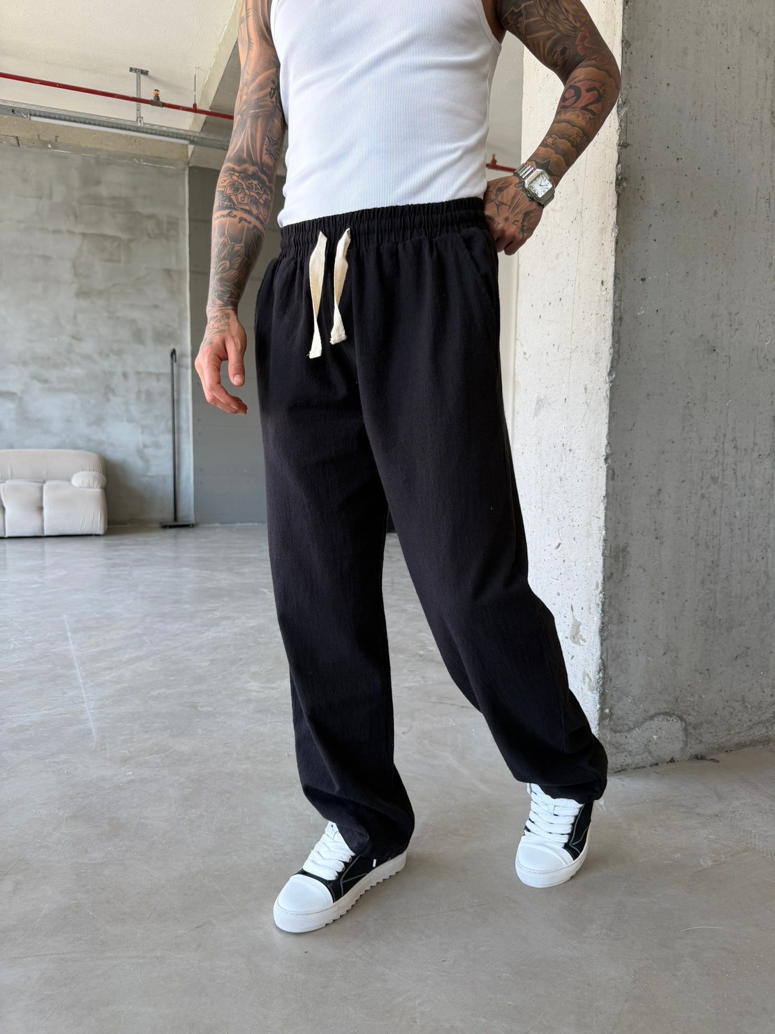 Linen Basic Baggy Pantolon - Siyah