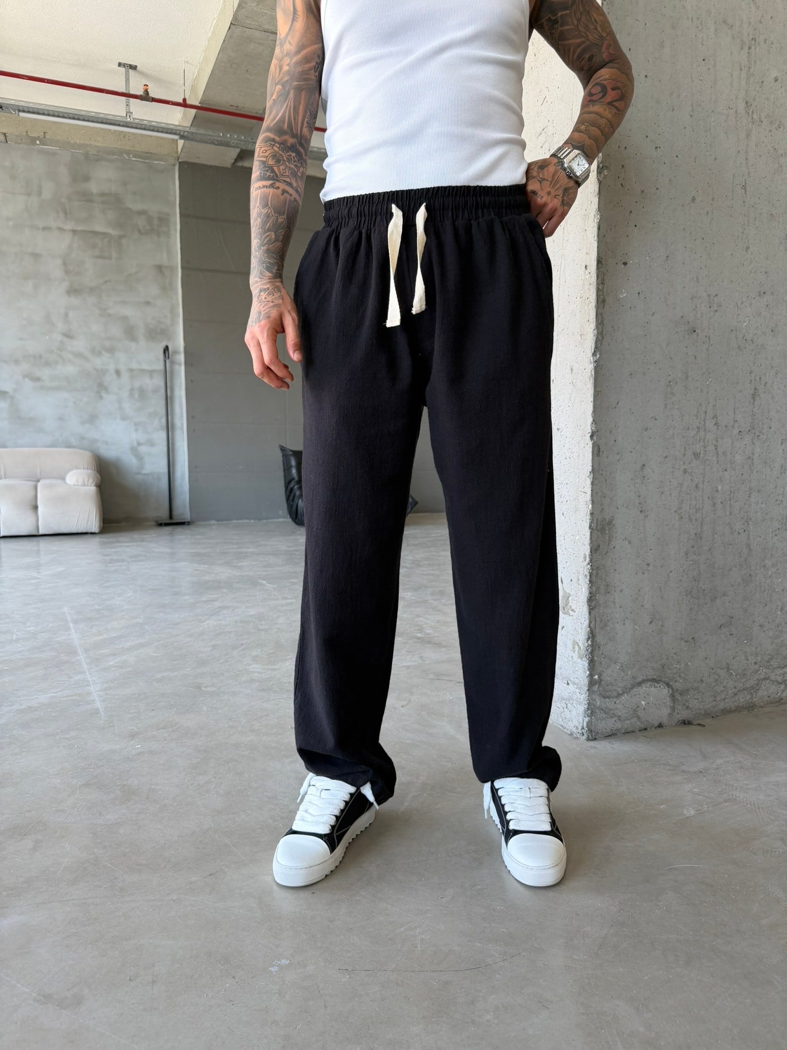Linen Basic Baggy Pantolon - Siyah