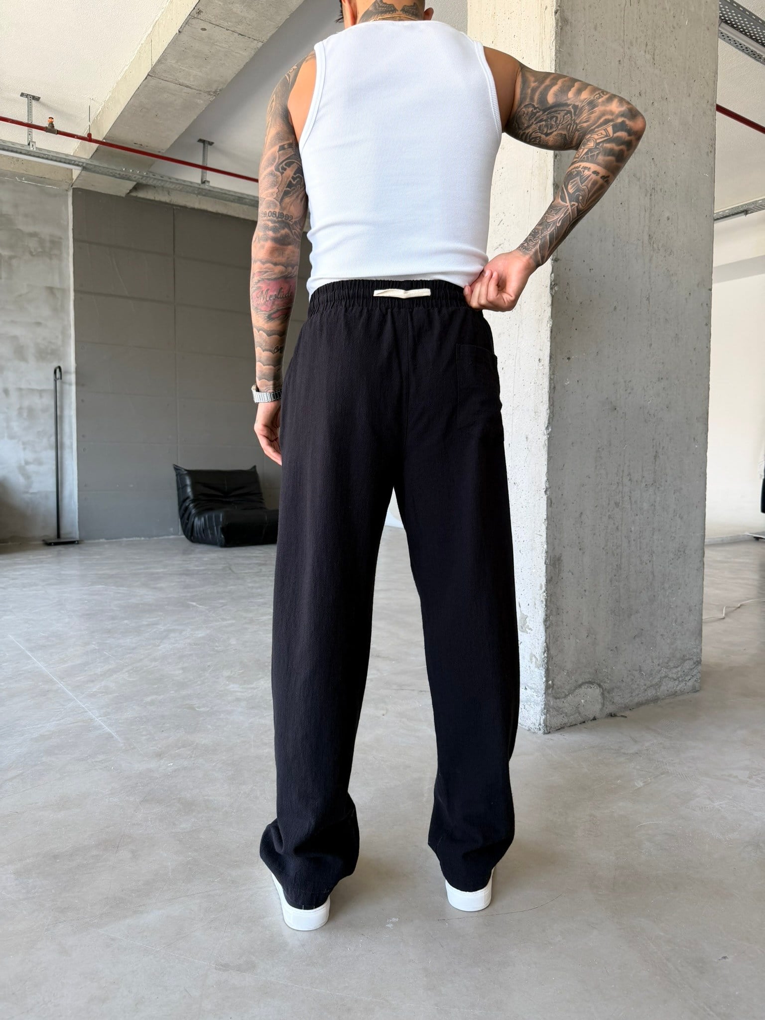 Linen Basic Baggy Pantolon - Siyah