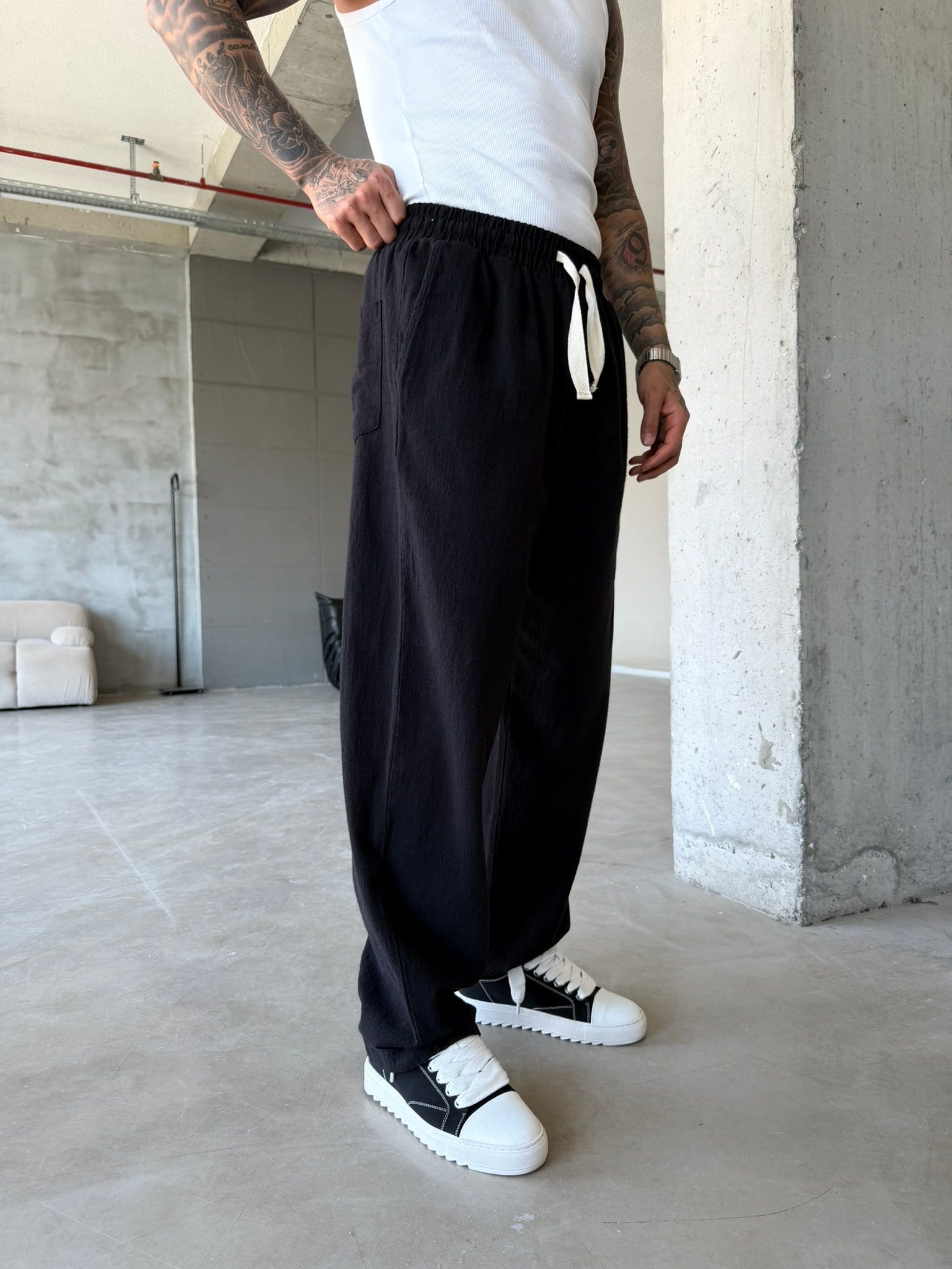 Linen Basic Baggy Pantolon - Siyah