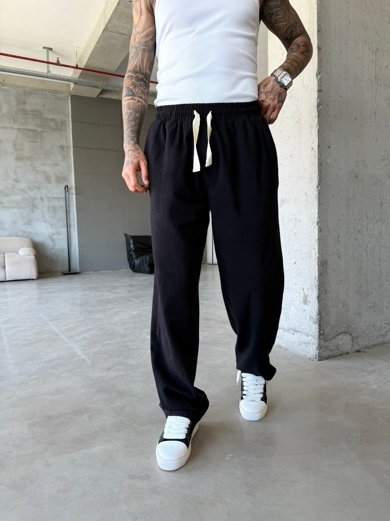 Linen Basic Baggy Pantolon - Siyah