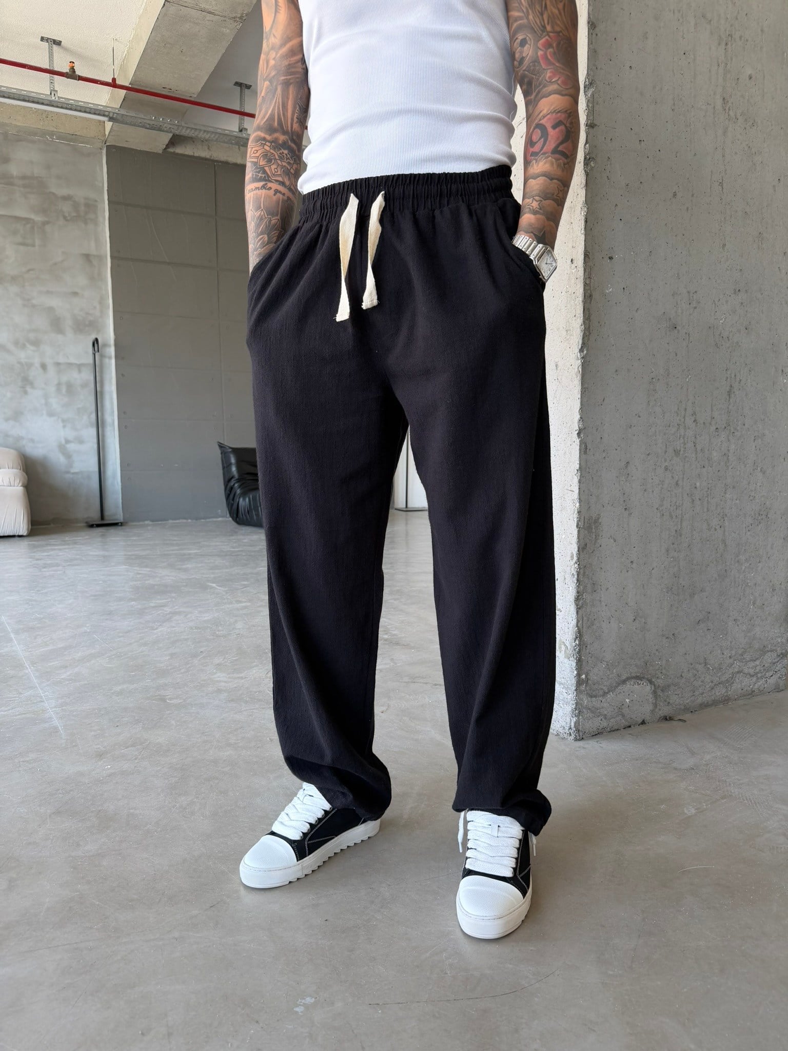 Linen Basic Baggy Pantolon - Siyah