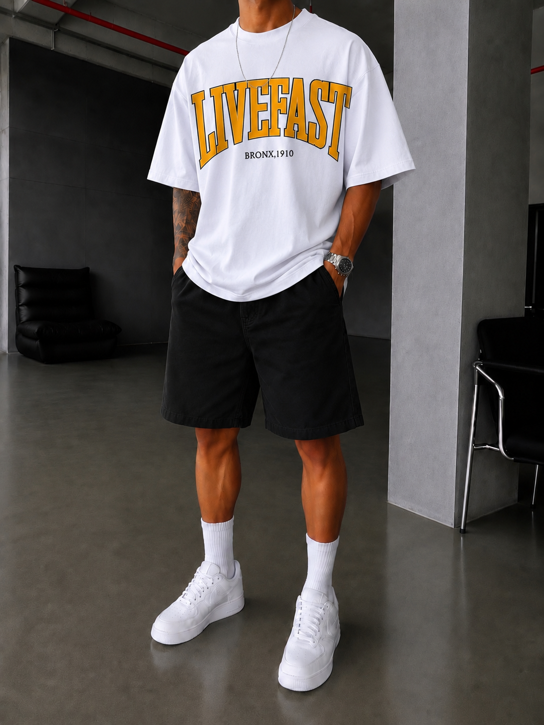 LİVEFAST Ön Baskılı Oversize T-Shirt - Beyaz