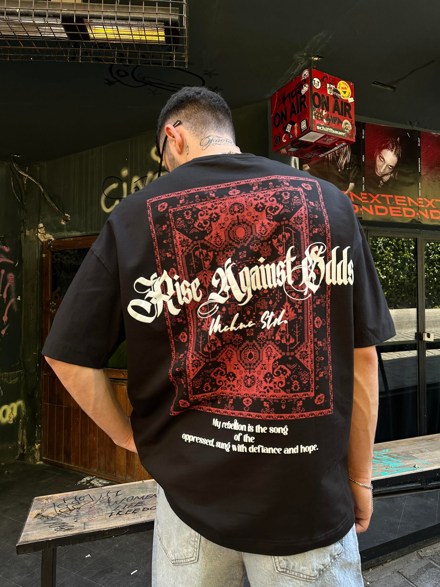 Mchnc Std Carped Siyah Kırmızı Oversize T-Shirt - Kırmızı 