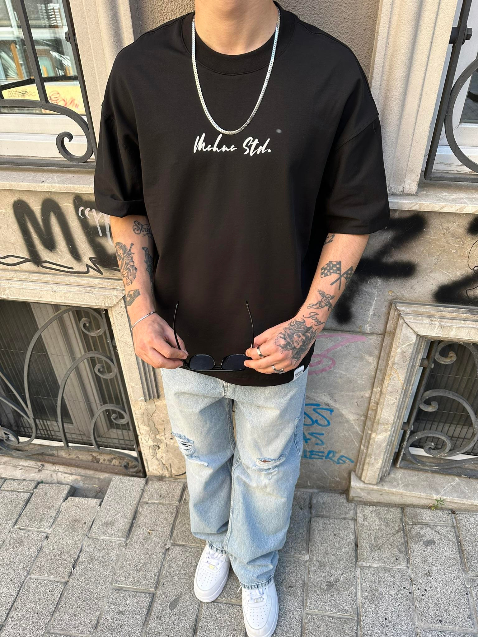 Mchnc Std Carped Siyah Kırmızı Oversize T-Shirt - Kırmızı 