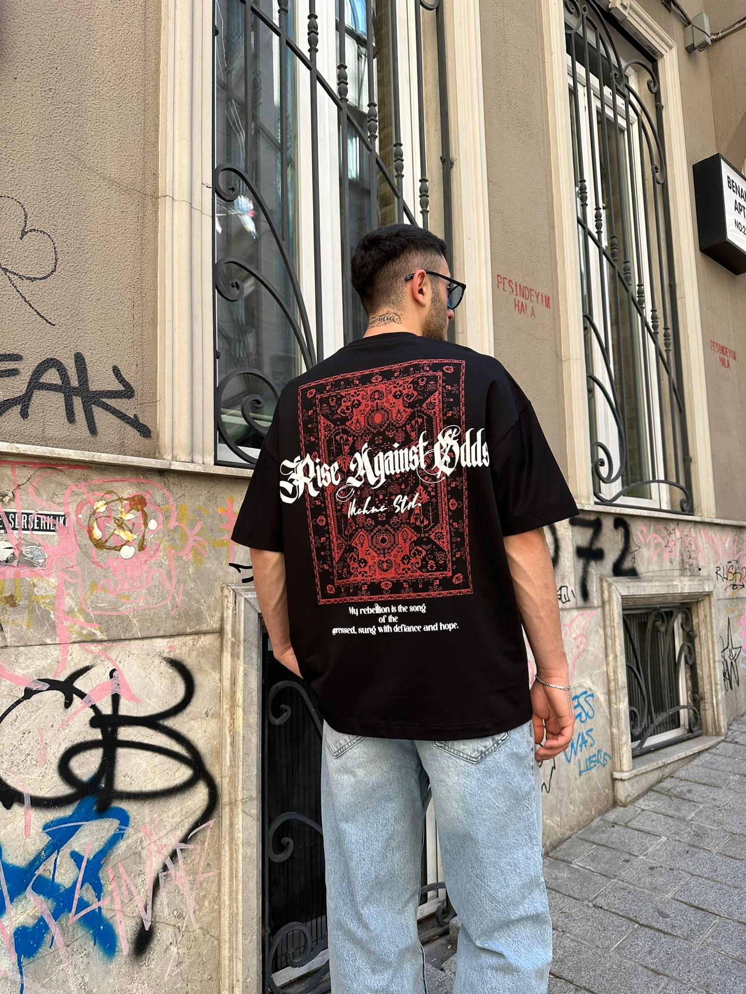 Mchnc Std Carped Siyah Kırmızı Oversize T-Shirt - Kırmızı 
