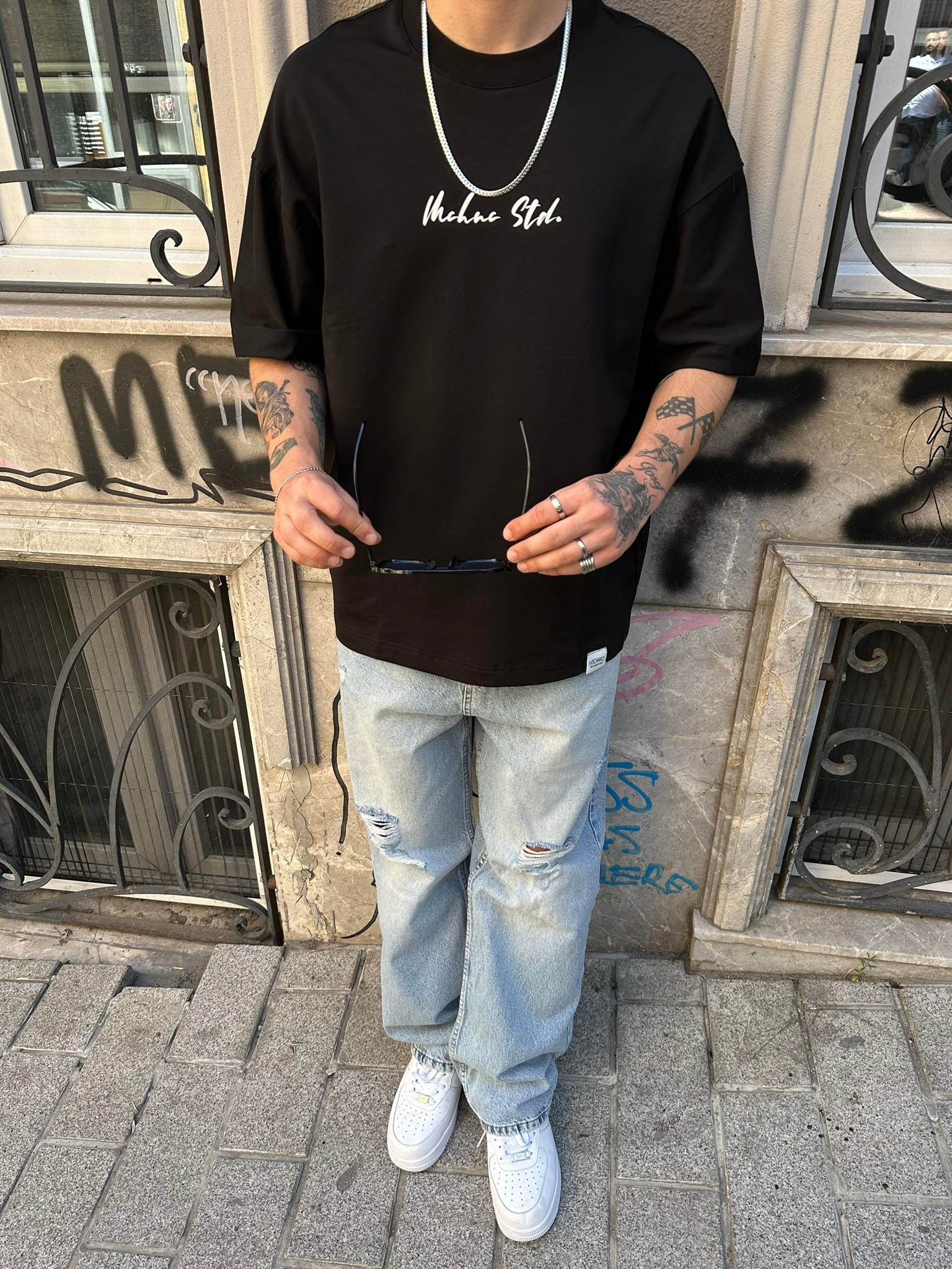 Mchnc Std Carped Siyah Kırmızı Oversize T-Shirt - Kırmızı 