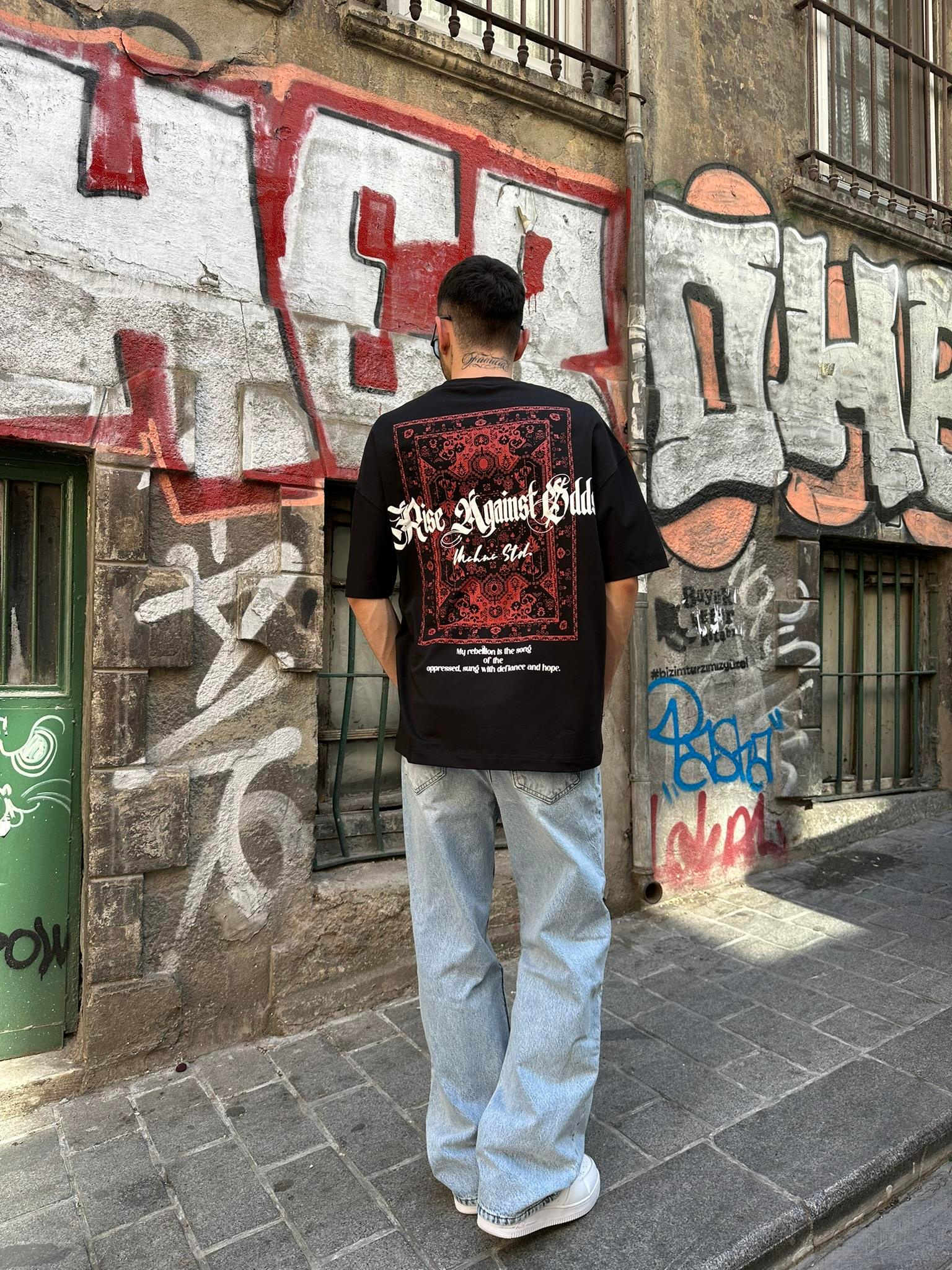 Mchnc Std Carped Siyah Kırmızı Oversize T-Shirt - Kırmızı 