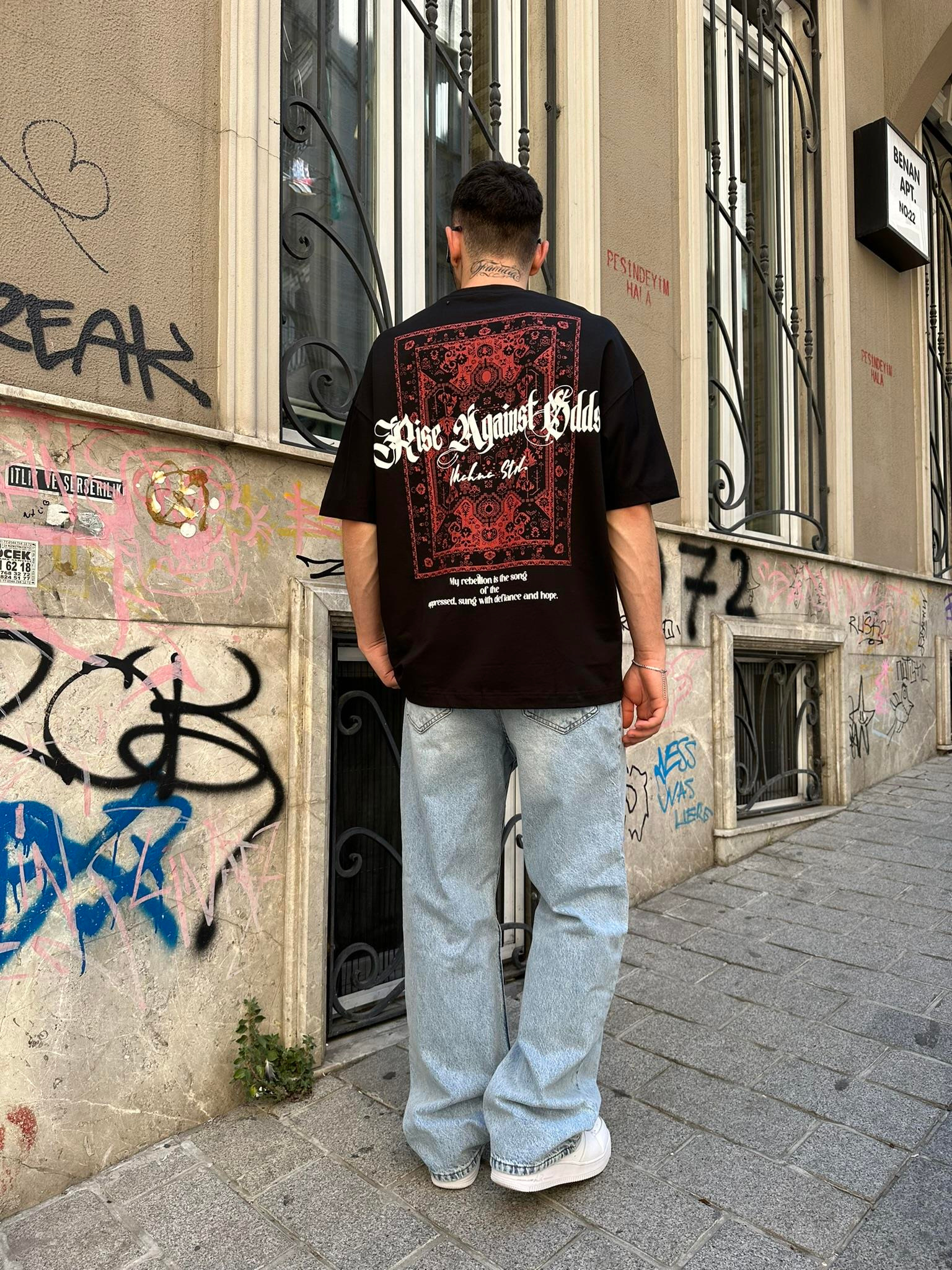 Mchnc Std Carped Siyah Kırmızı Oversize T-Shirt - Kırmızı 