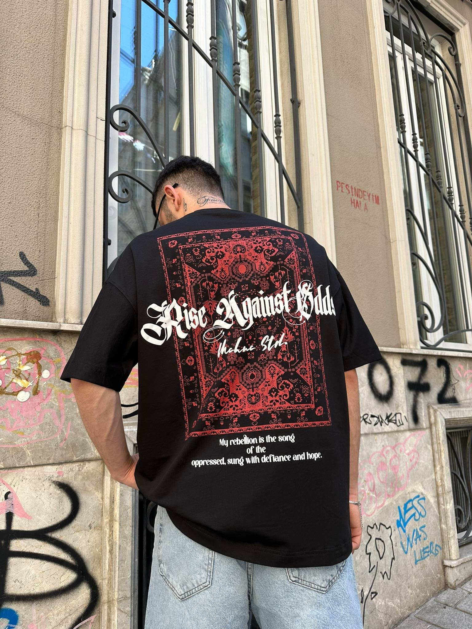 Mchnc Std Carped Siyah Kırmızı Oversize T-Shirt - Kırmızı 