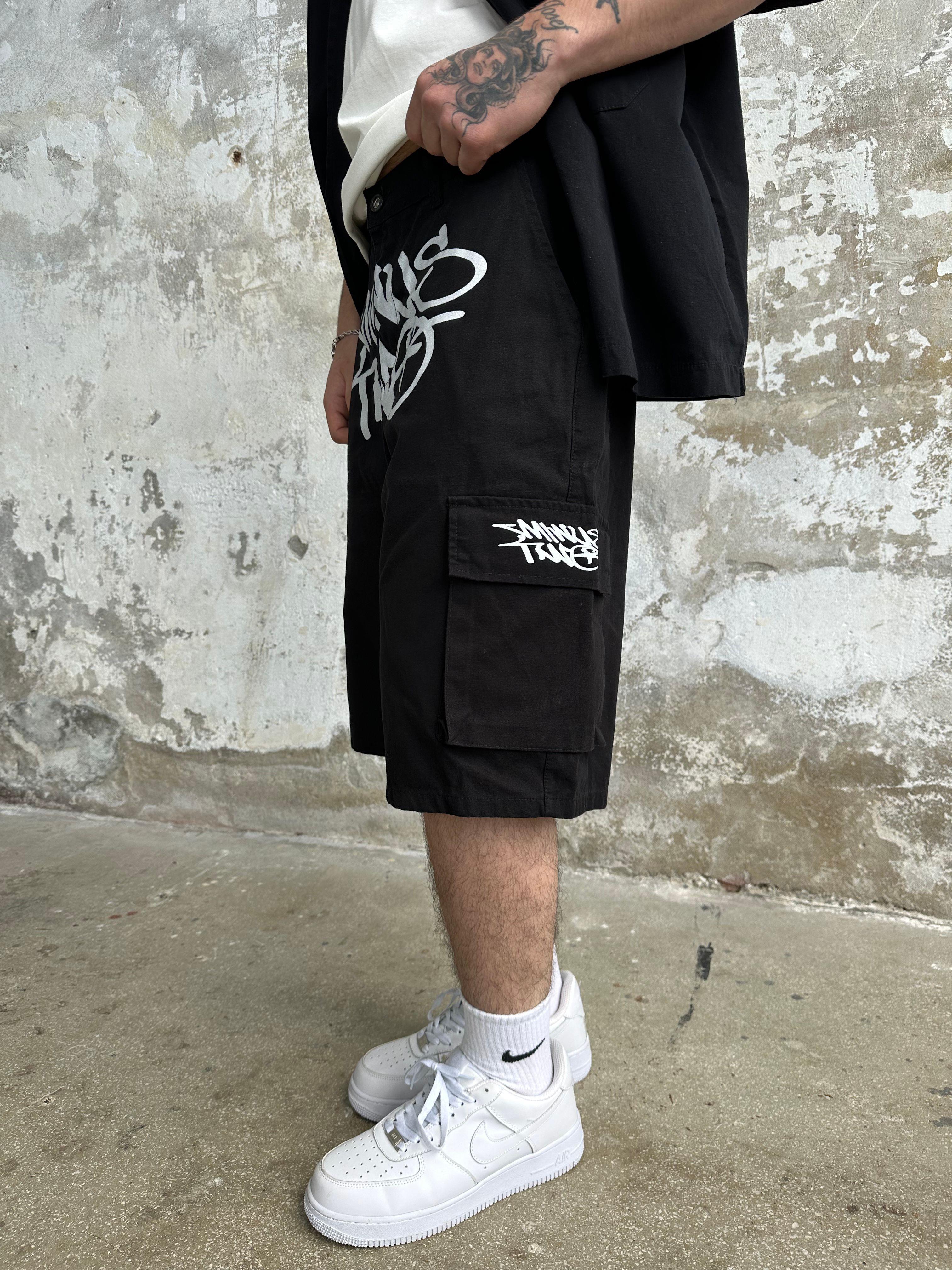 Minus Two Baggy Kot Şort Siyah - Beyaz - Beyaz