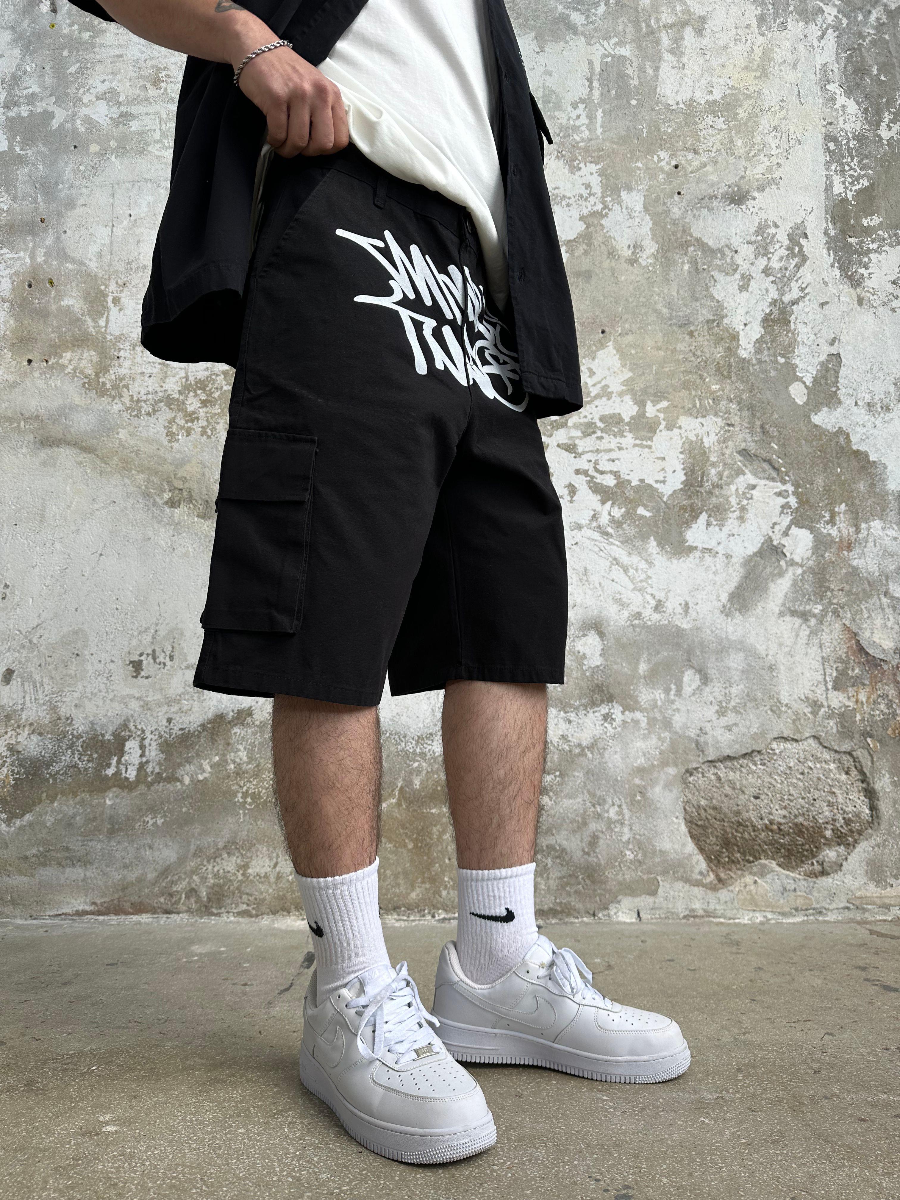 Minus Two Baggy Kot Şort Siyah - Beyaz - Beyaz