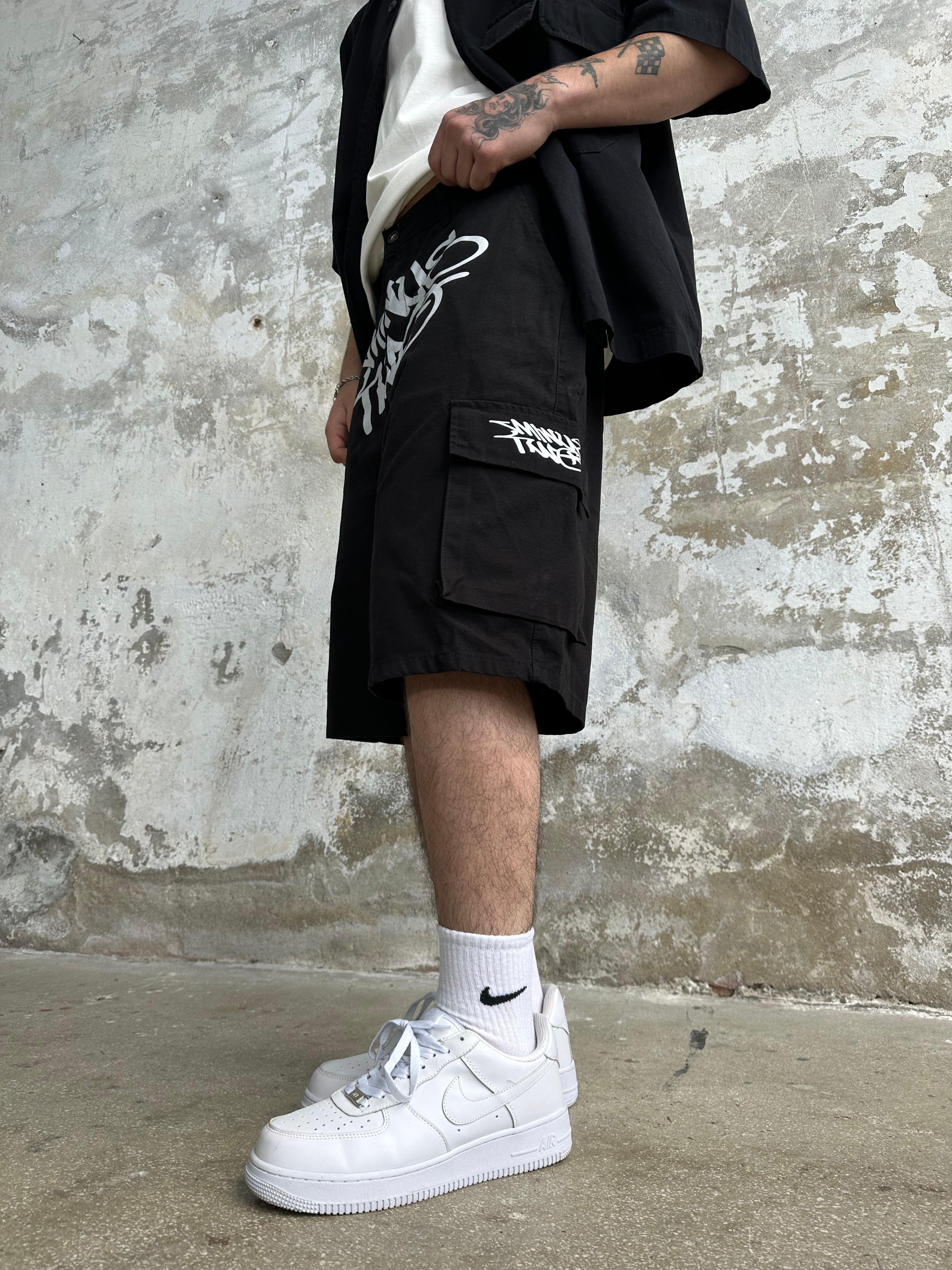 Minus Two Baggy Kot Şort Siyah - Beyaz - Beyaz