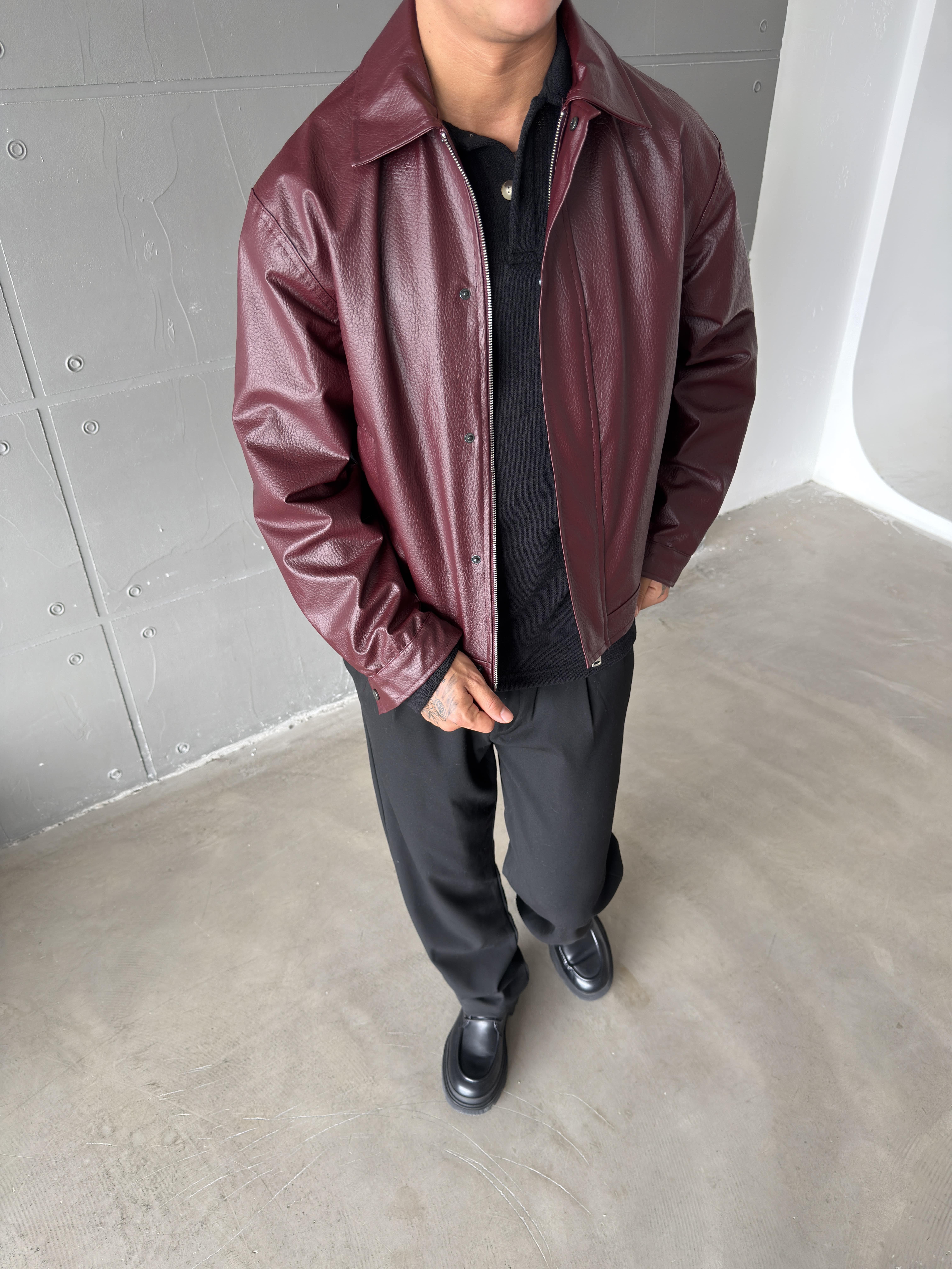 Modern Fit Deri Ceket - Bordo