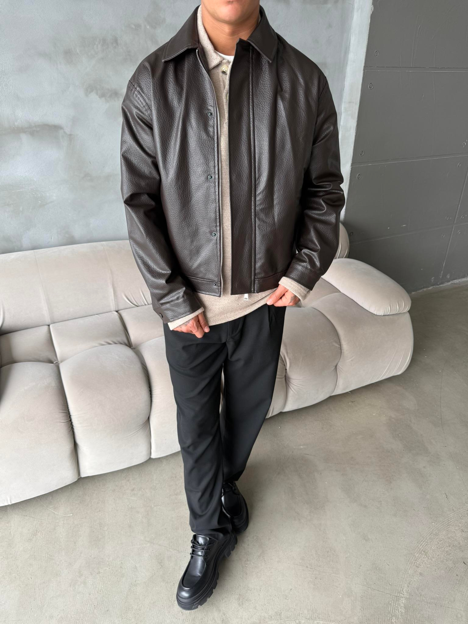 Modern Fit Deri Ceket - Kahve