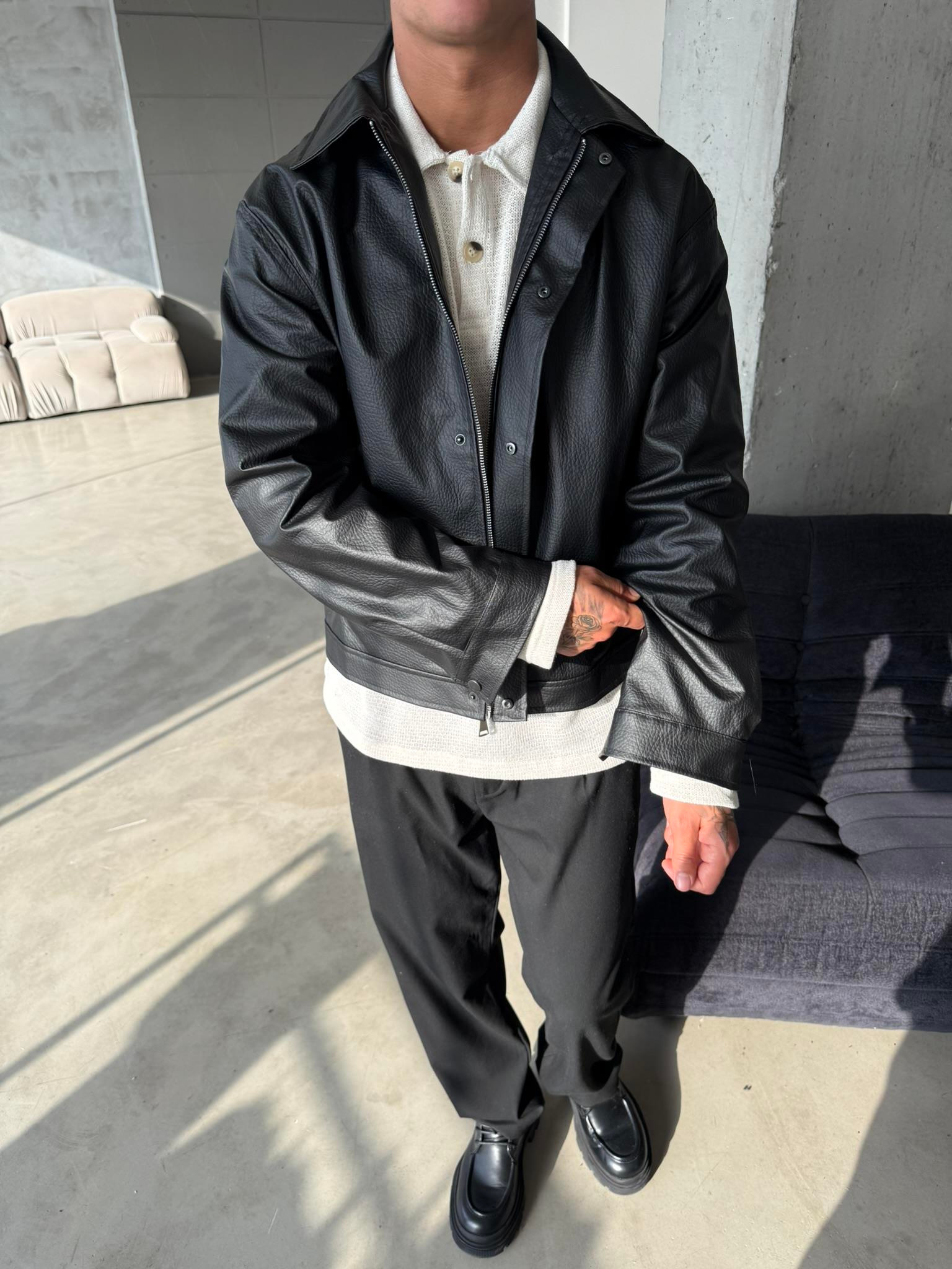 Modern Fit Deri Ceket - Siyah