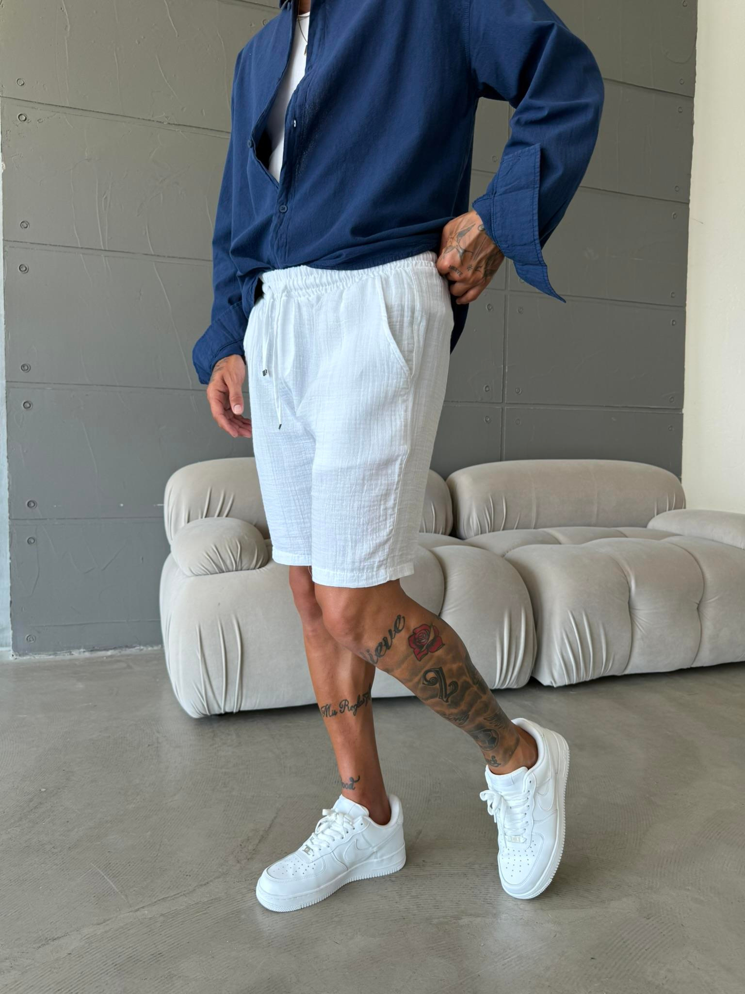 Müslin Kumaş Basic Şort - Beyaz