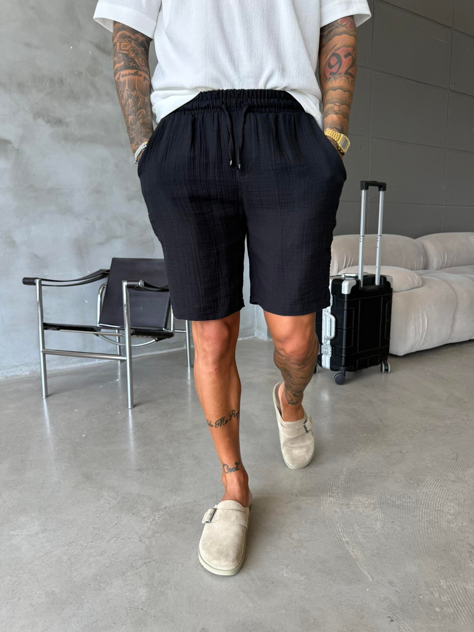 Müslin Kumaş Basic Şort - Siyah