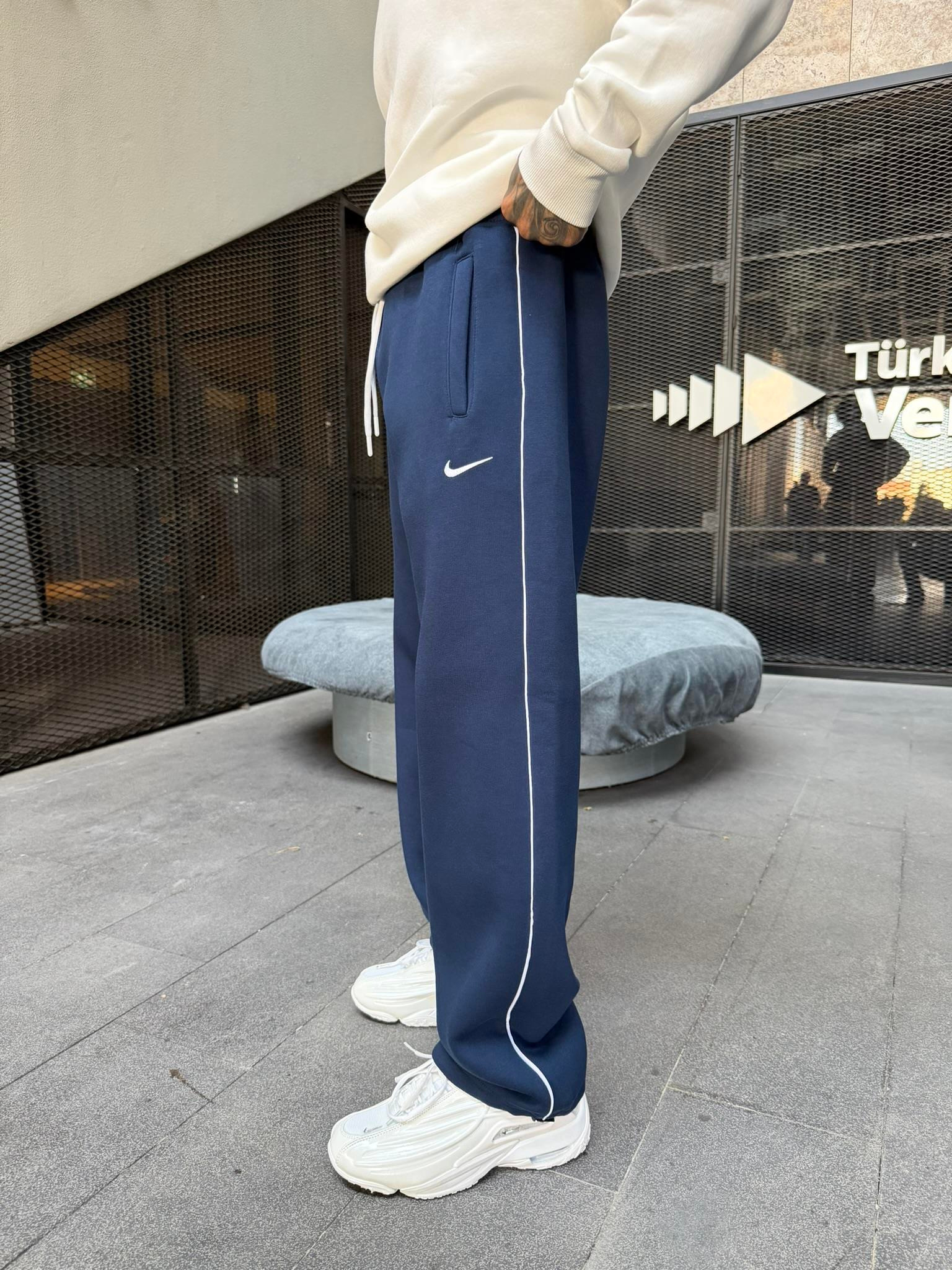 NK' Nakışlı Çizgili Lastikli Stoper Paça Baggy Eşofman - İndigo