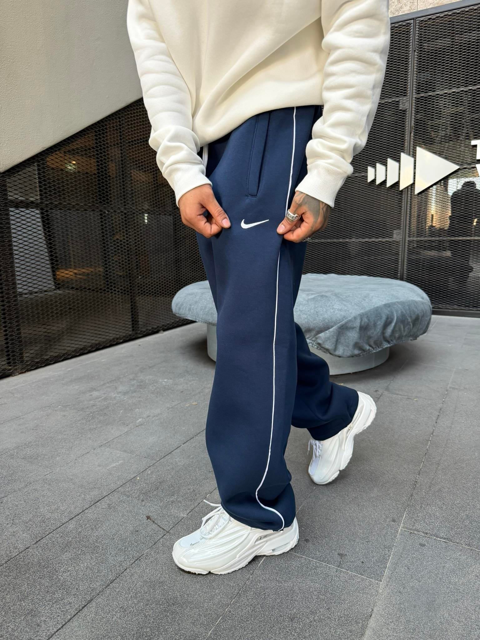 NK' Nakışlı Çizgili Lastikli Stoper Paça Baggy Eşofman - İndigo