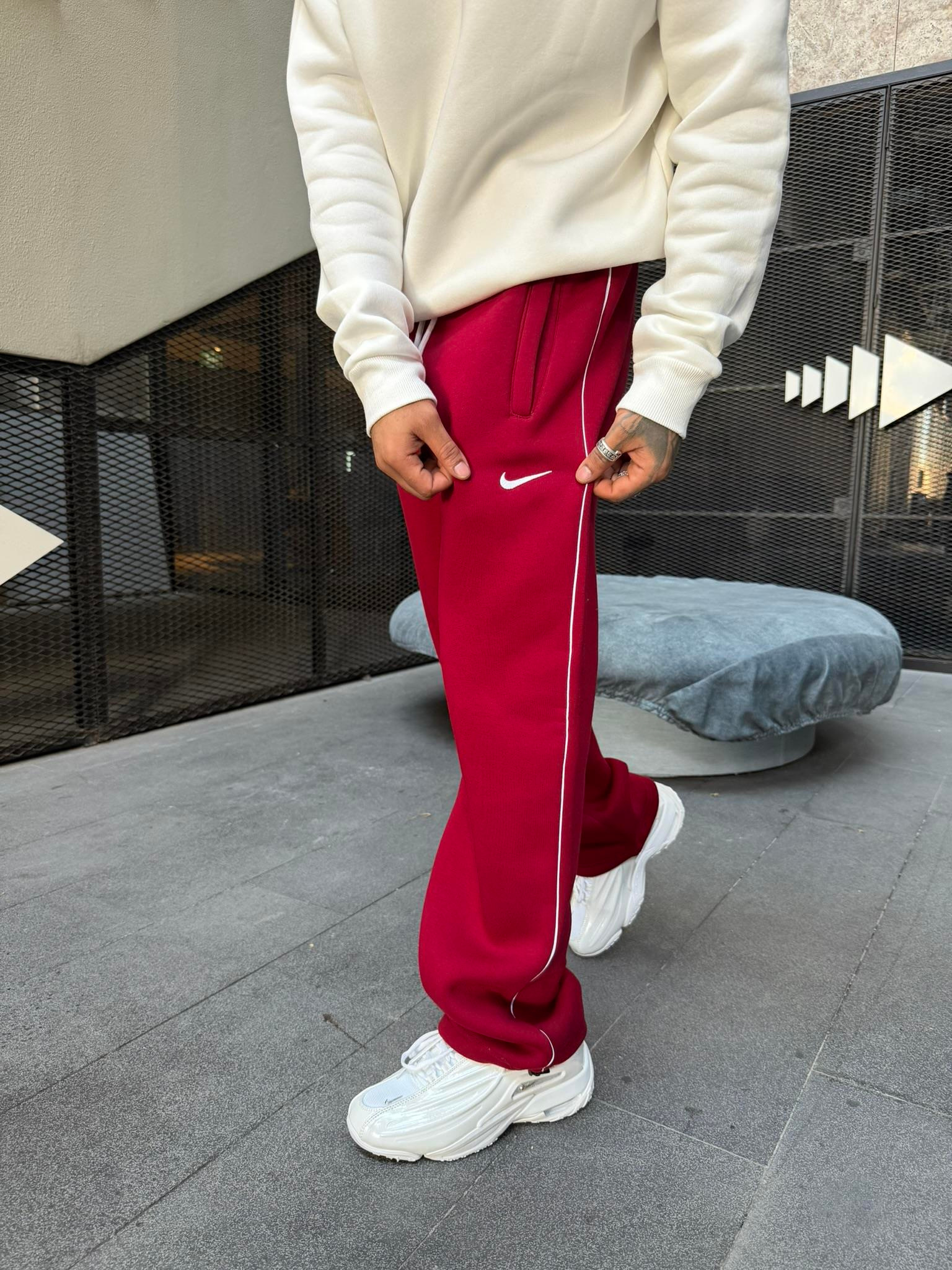 NK' Nakışlı Çizgili Lastikli Stoper Paça Baggy Eşofman - Bordo