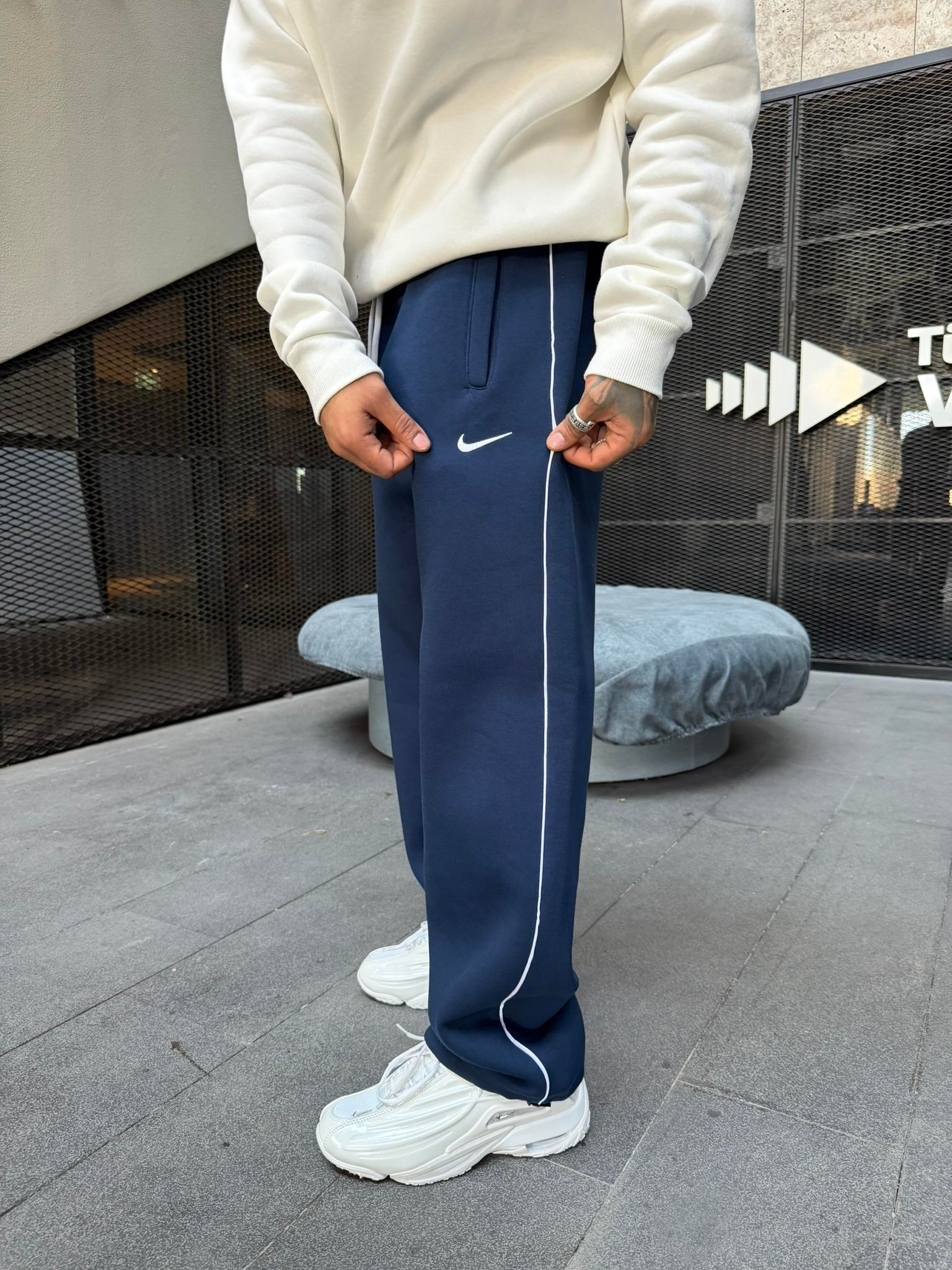 NK' Nakışlı Çizgili Lastikli Stoper Paça Baggy Eşofman - İndigo