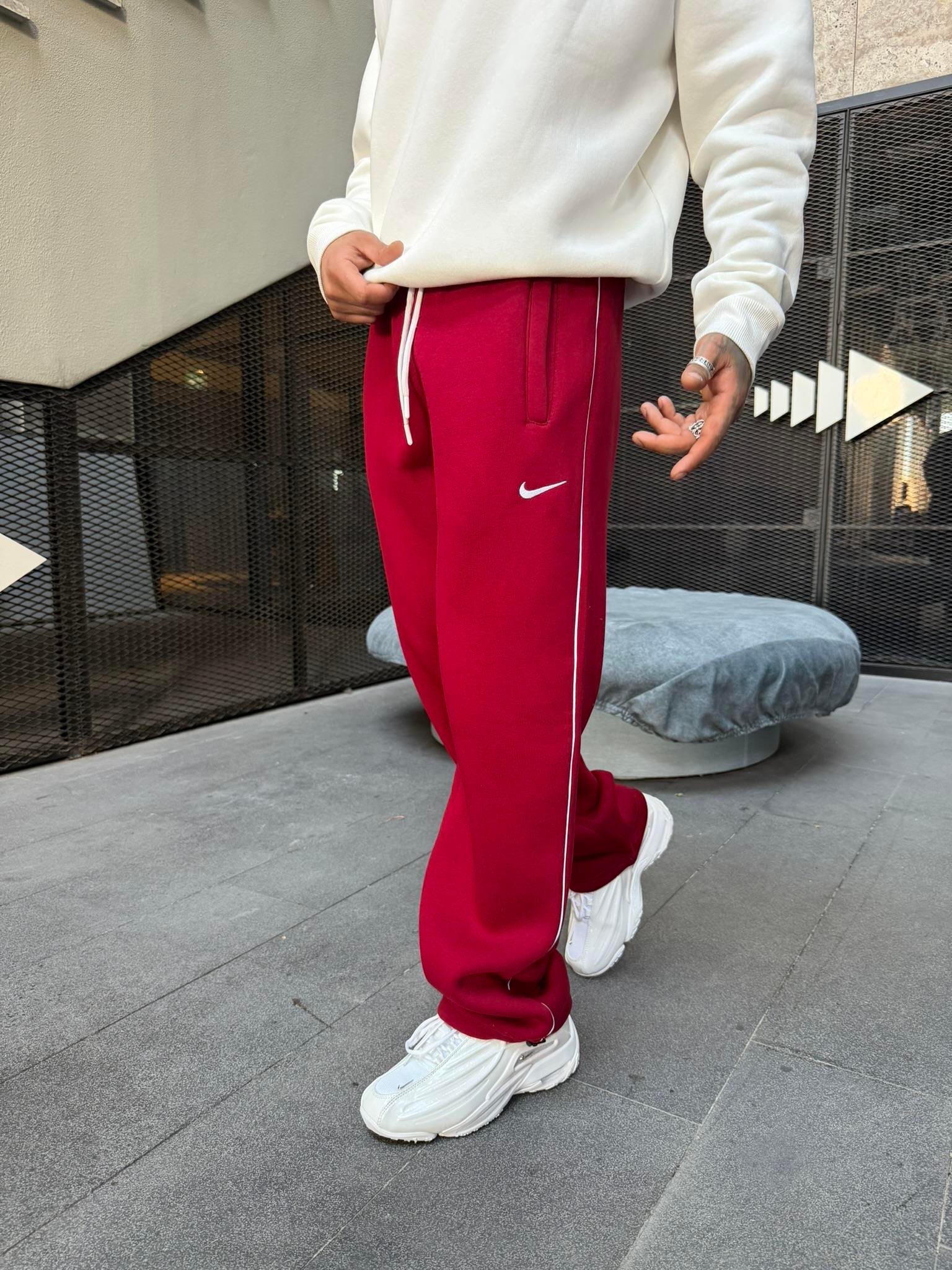 NK' Nakışlı Çizgili Lastikli Stoper Paça Baggy Eşofman - Bordo