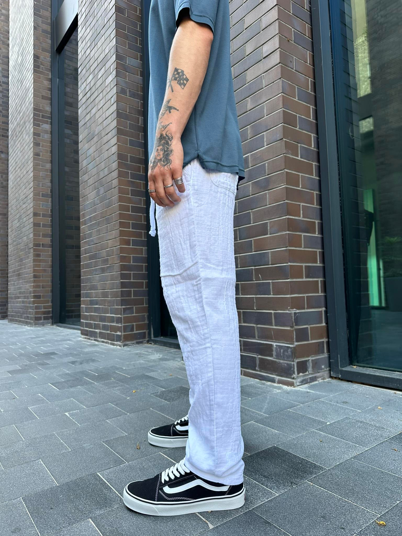 Old Money Basic Beyaz Keten Baggy Pantolon - Beyaz