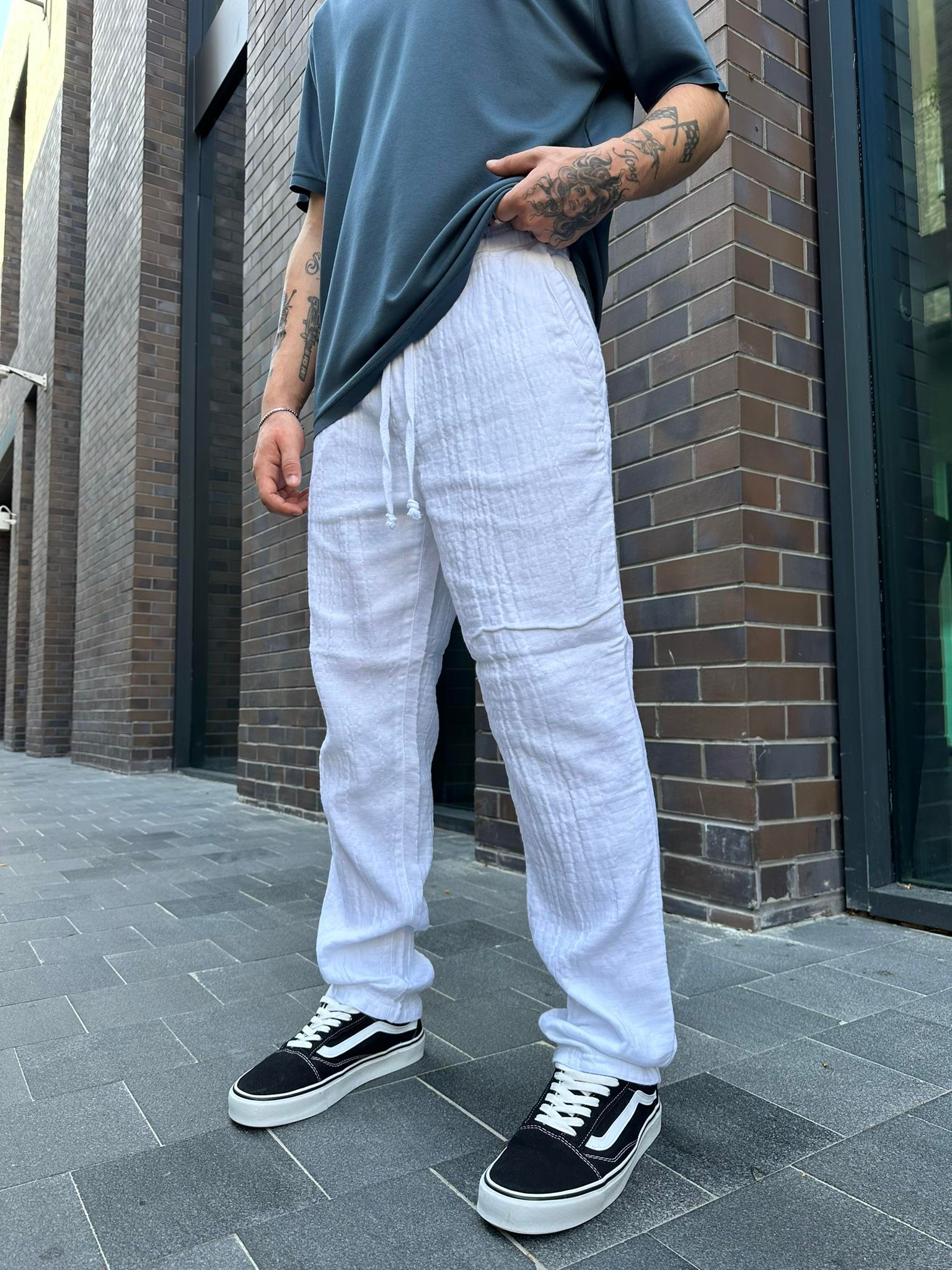 Old Money Basic Beyaz Keten Baggy Pantolon - Beyaz