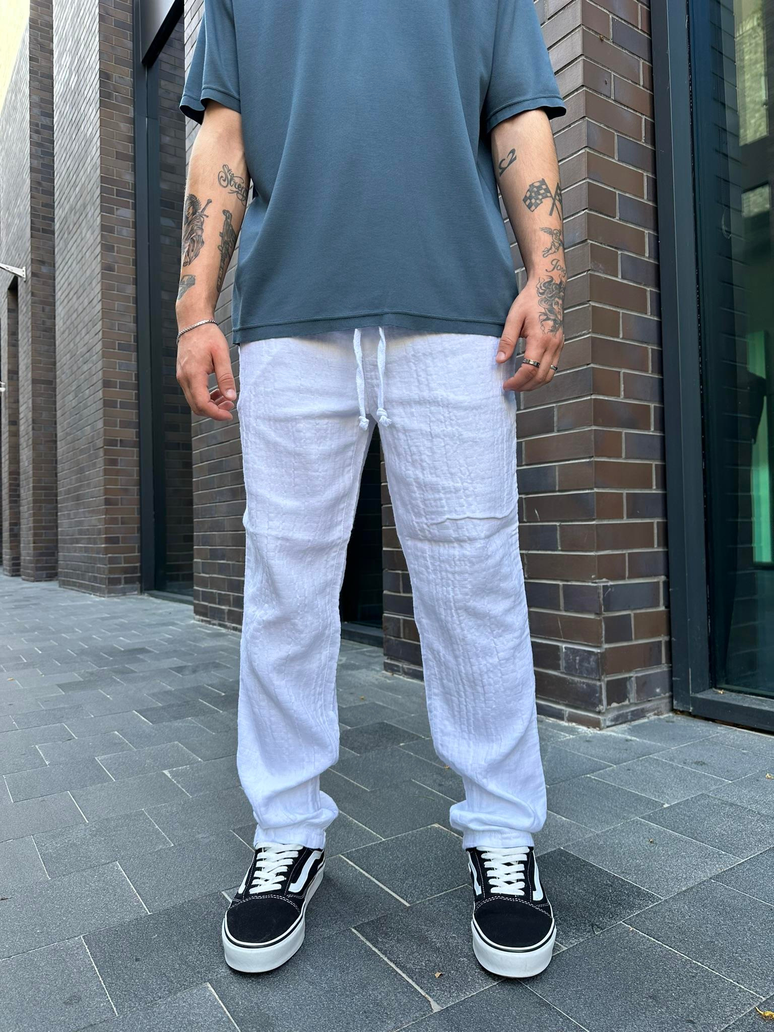 Old Money Basic Beyaz Keten Baggy Pantolon - Beyaz