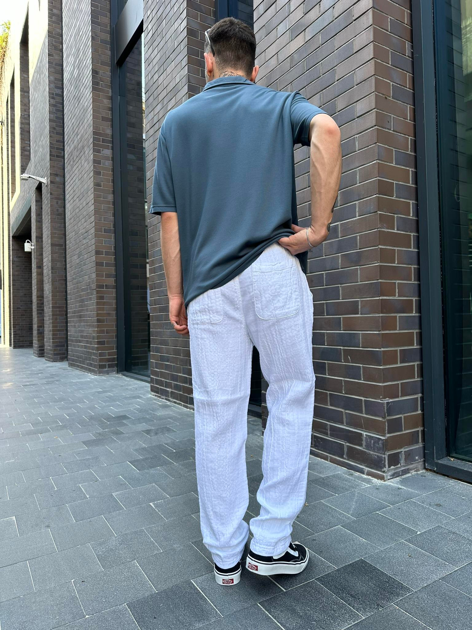 Old Money Basic Beyaz Keten Baggy Pantolon - Beyaz