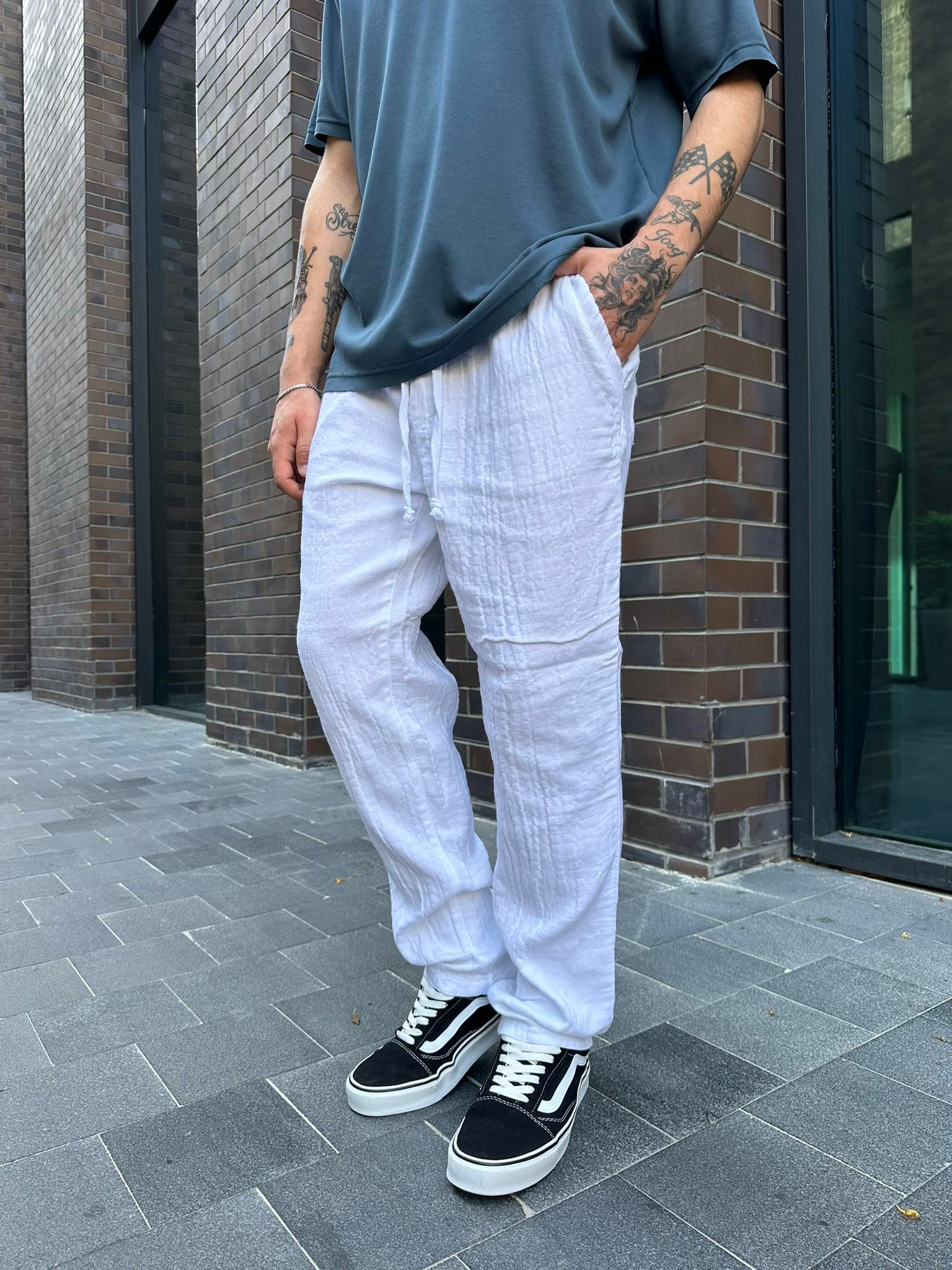 Old Money Basic Beyaz Keten Baggy Pantolon - Beyaz