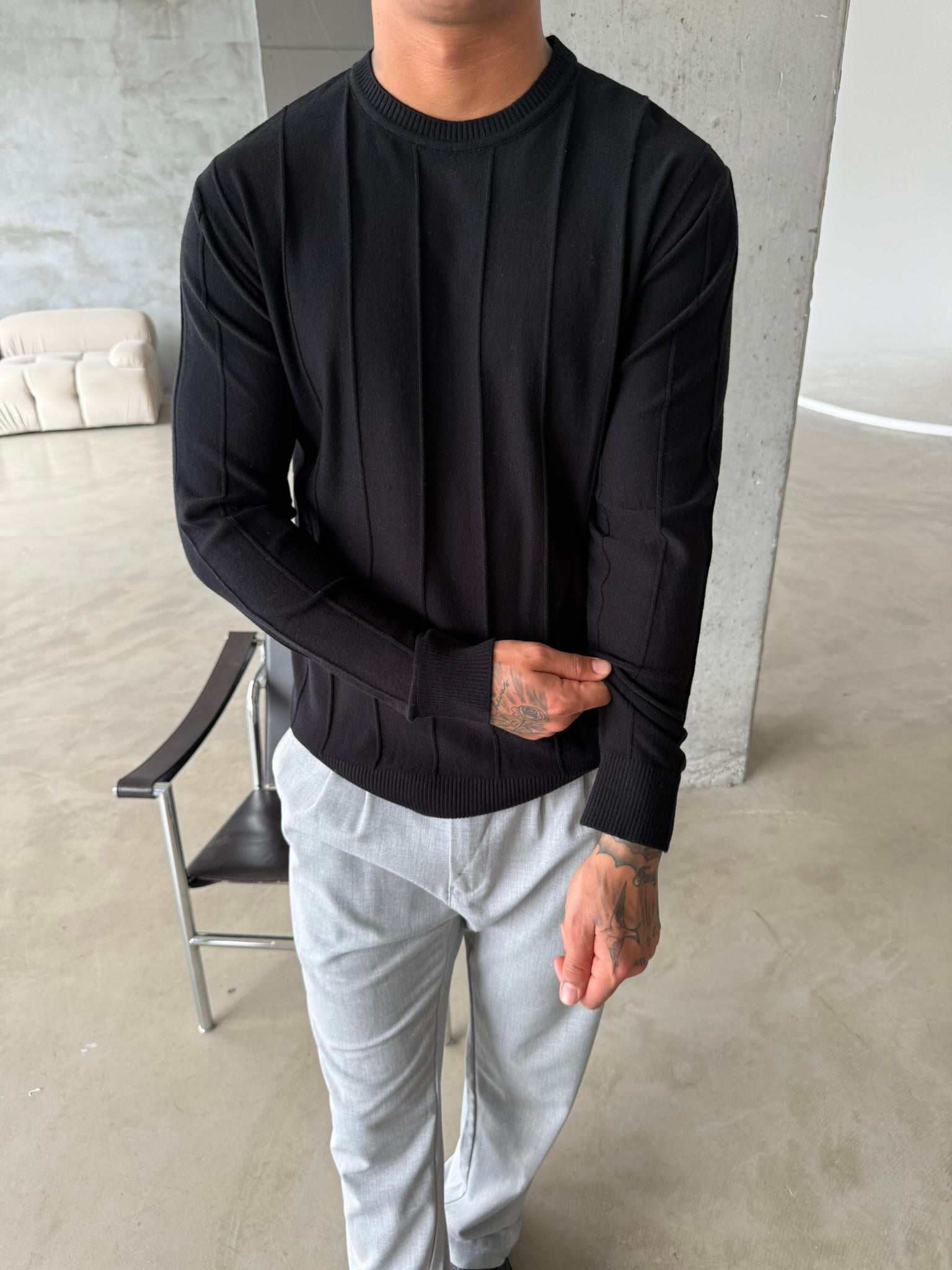 Old Money Basic Cizgili Bisiklet Yaka - Siyah