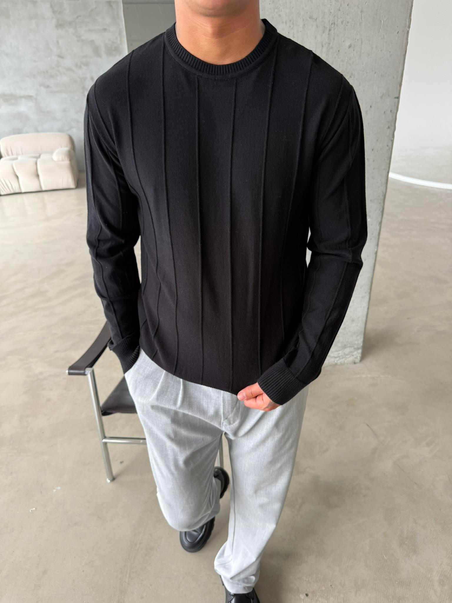 Old Money Basic Cizgili Bisiklet Yaka - Siyah